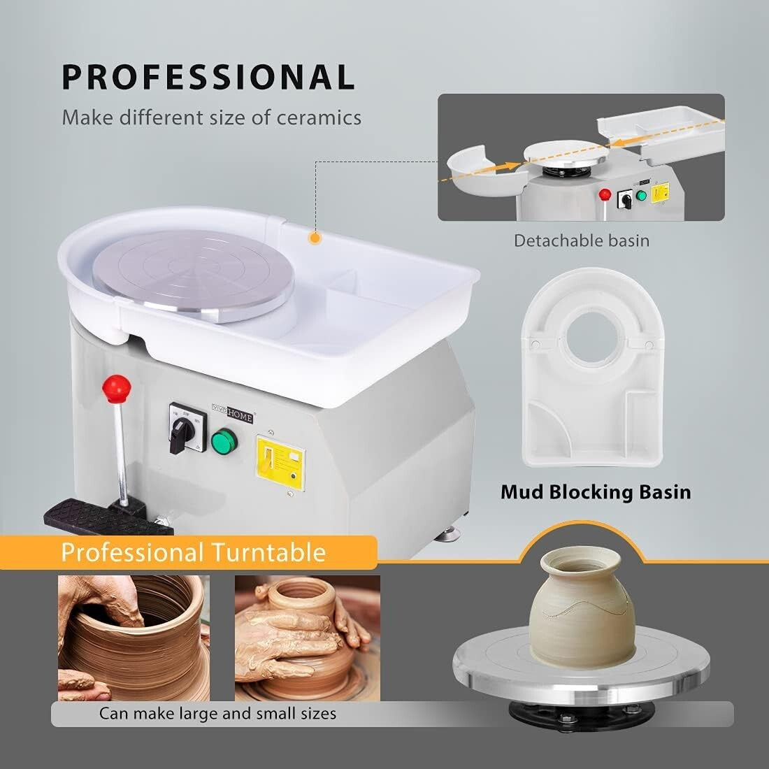 Durable Pottery Wheel Machine - 25CM with Ultra-Low Noise Operation & Foot Pedal