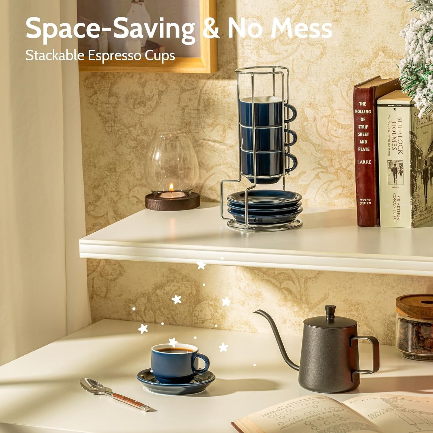 Set of 4 Stackable 4oz Espresso Cups with Saucers & Stand - Navy Comfort