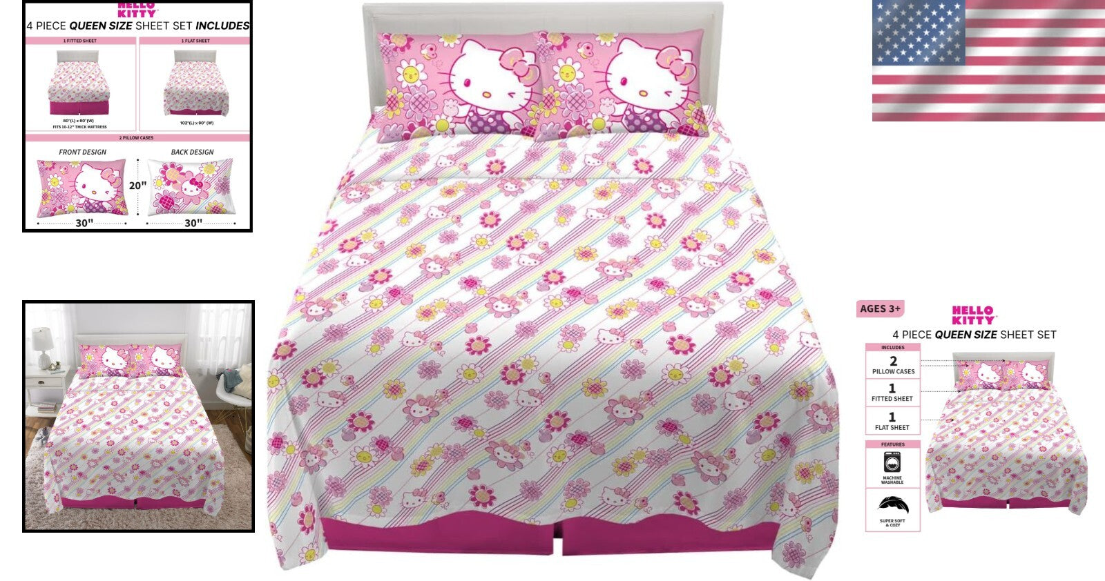 Super Soft Hello Kitty Bedding Set, Queen - Cartoon Patterned Comfort