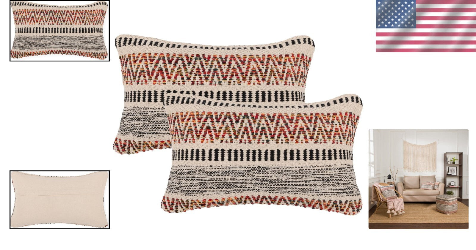 Elegant Bohemian Farmhouse Throw Pillows - 12"x20" Cotton Covers, Set of 2