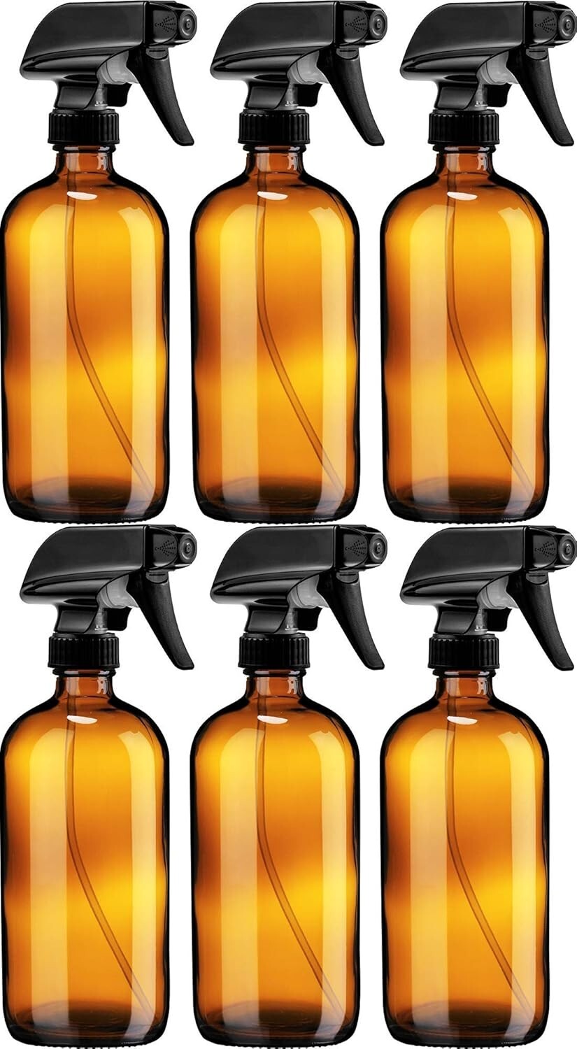 Refillable 16 oz Amber Glass Spray Bottles with Mist & Stream Settings - 6 Pack