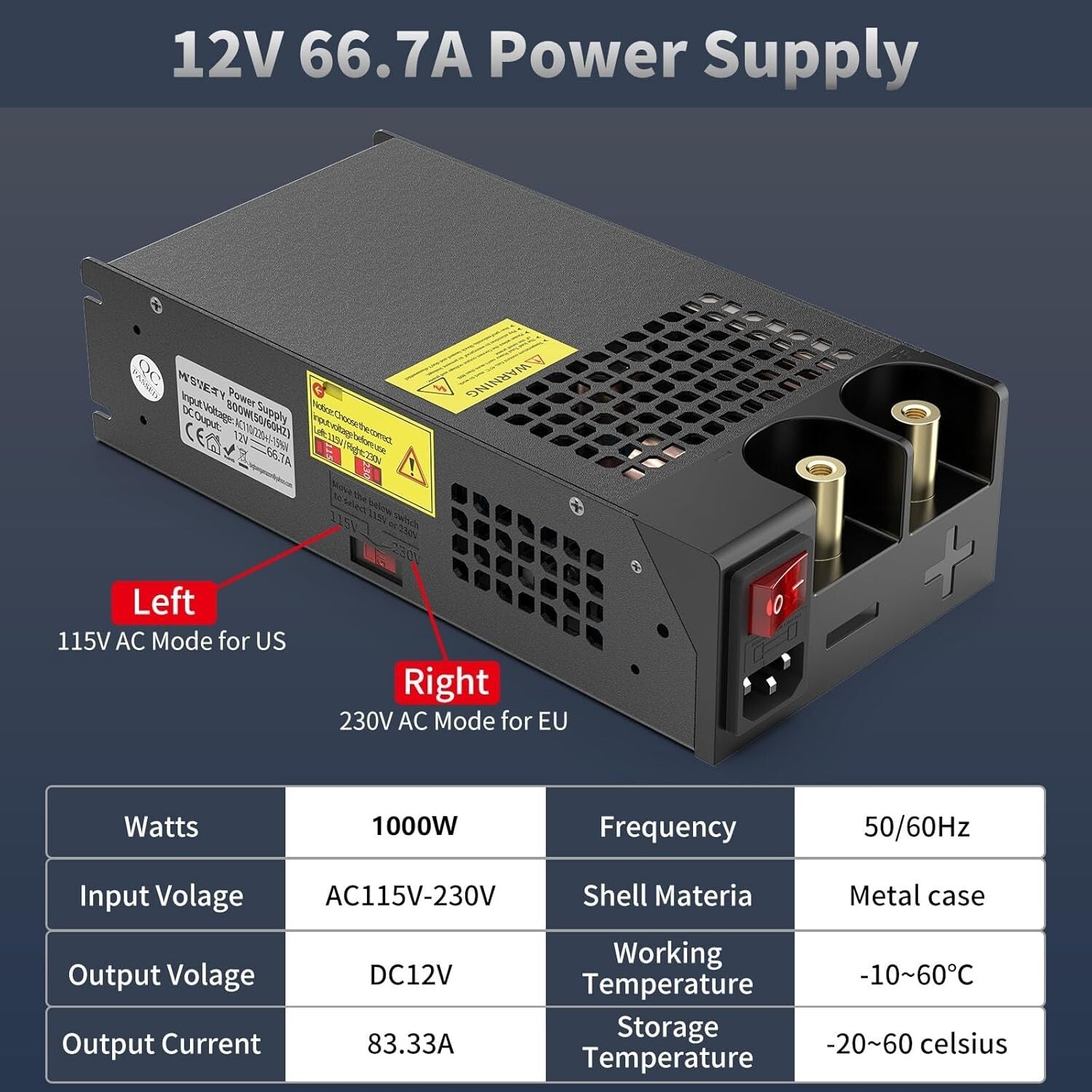 Adjustable Power Supply 12V DC Converter, 83.4A Max for LED Strips & More