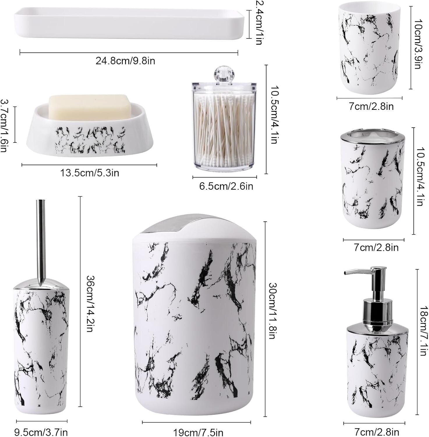 Complete White Marble Bathroom Collection - Trash Can, Soap Dispenser & More