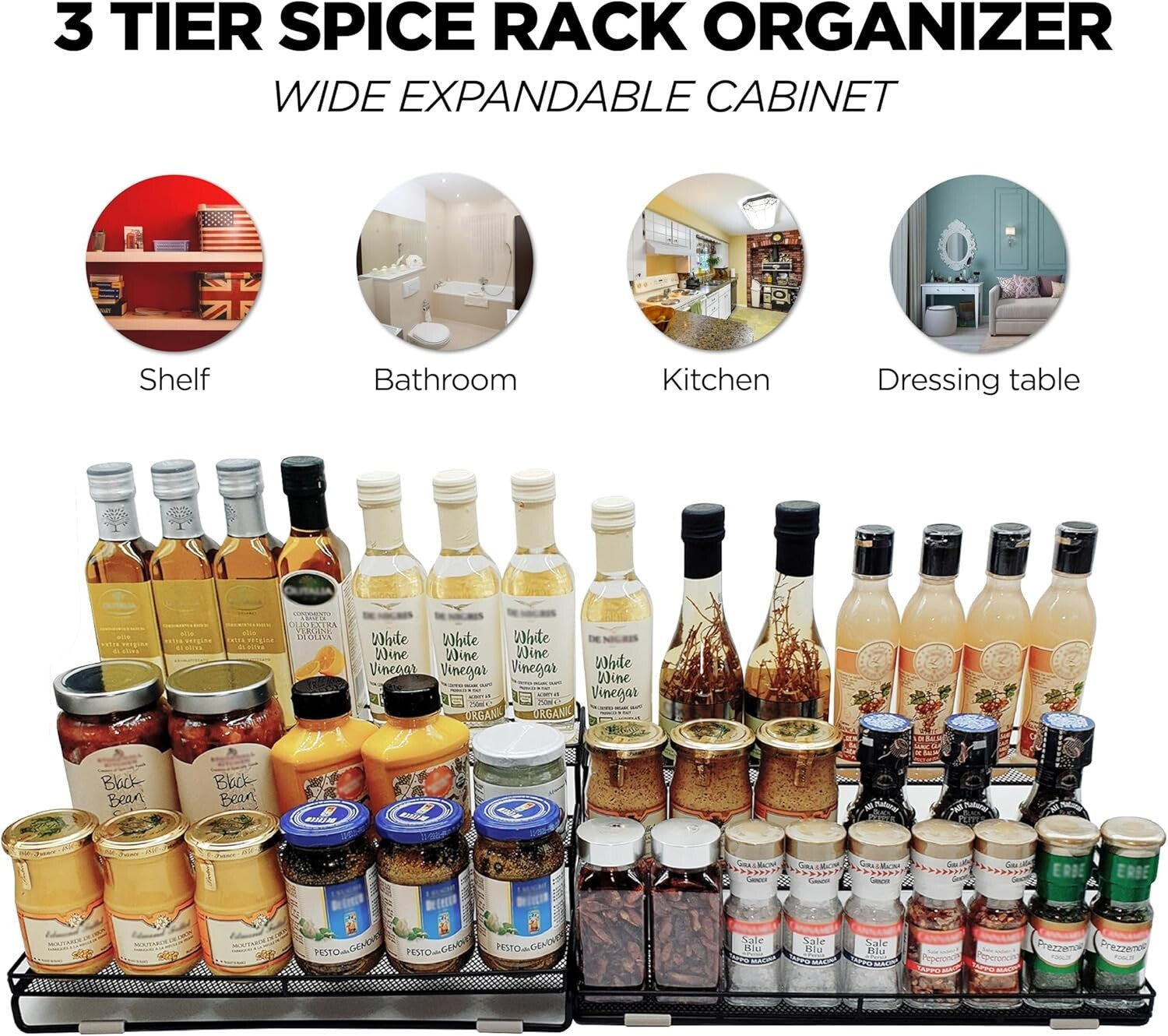 Elegant Expandable Spice Rack Organizer with Protective Railing - 14.5" to 29.1"
