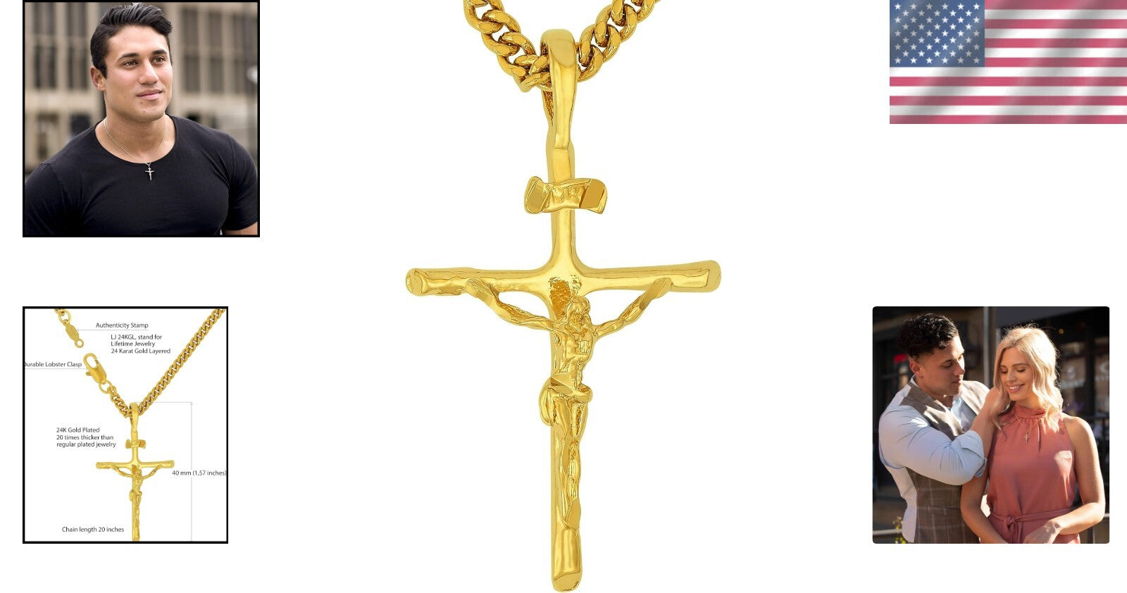 Durable 24K Gold Plated Crucifix Necklace – Yellow & White Gold Options