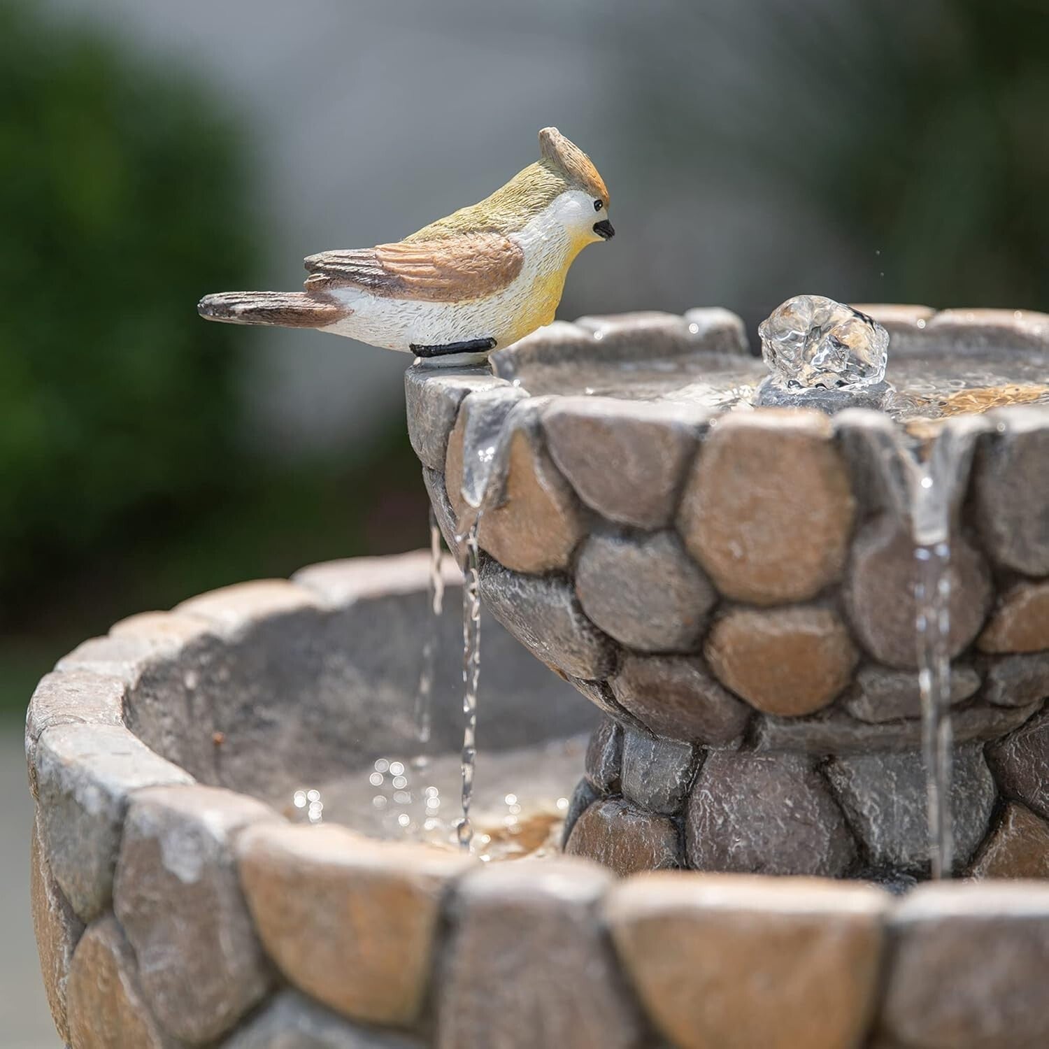 Lifelike Birds Decorated 2-Tier Faux Pebbles Fountain—Stylish Addition to Patios