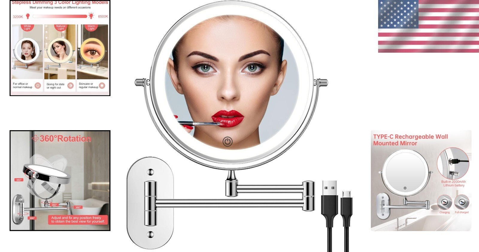 Double-Sided 8-Inch Wall-Mounted Mirror with 10X Magnification - Polished Silver