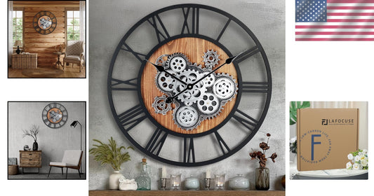 Rustic 23-Inch Wall Clock with Real Gears and Roman Numerals for Kitchen