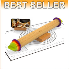 Load image into Gallery viewer, Adjustable Wooden Rolling Pin with Rings &amp; Silicone Pastry Mat for Perfect Dough