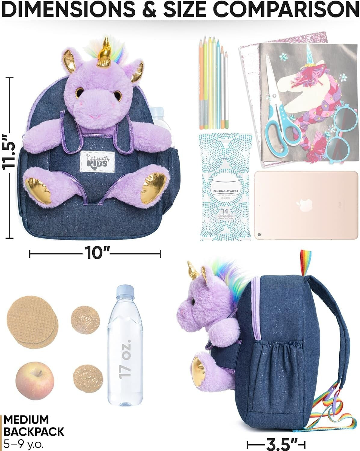 Medium Unicorn Toddler Backpack (11''h) with Removable Toy for Age 4-6 Girls