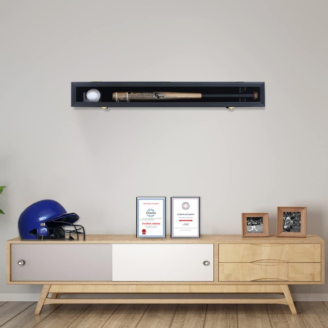 Elegant Baseball Bat Display Case with Wooden Frame & UV Protection - Wall Mount