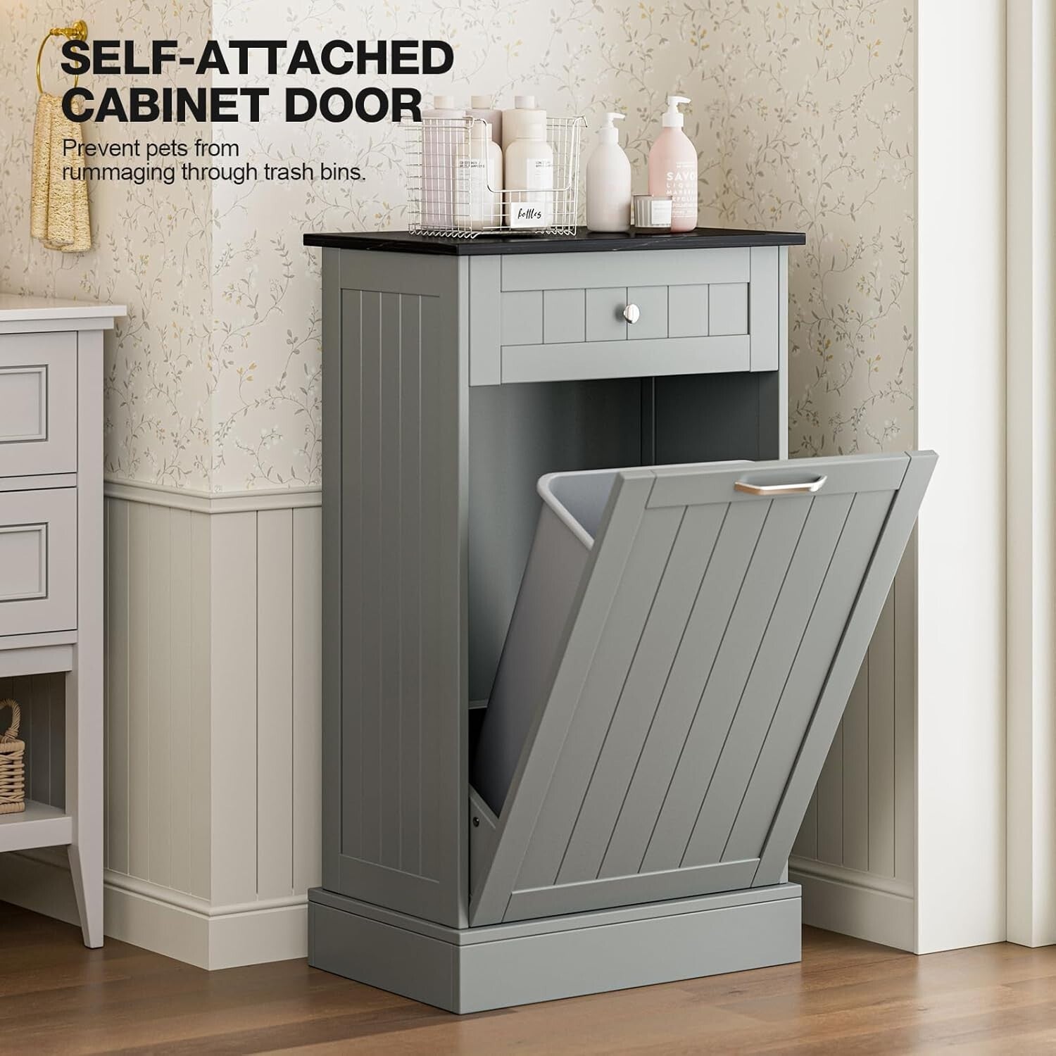 Elegant 10-Gallon Freestanding Wood Recycling Storage & Trash Cabinet in Gray