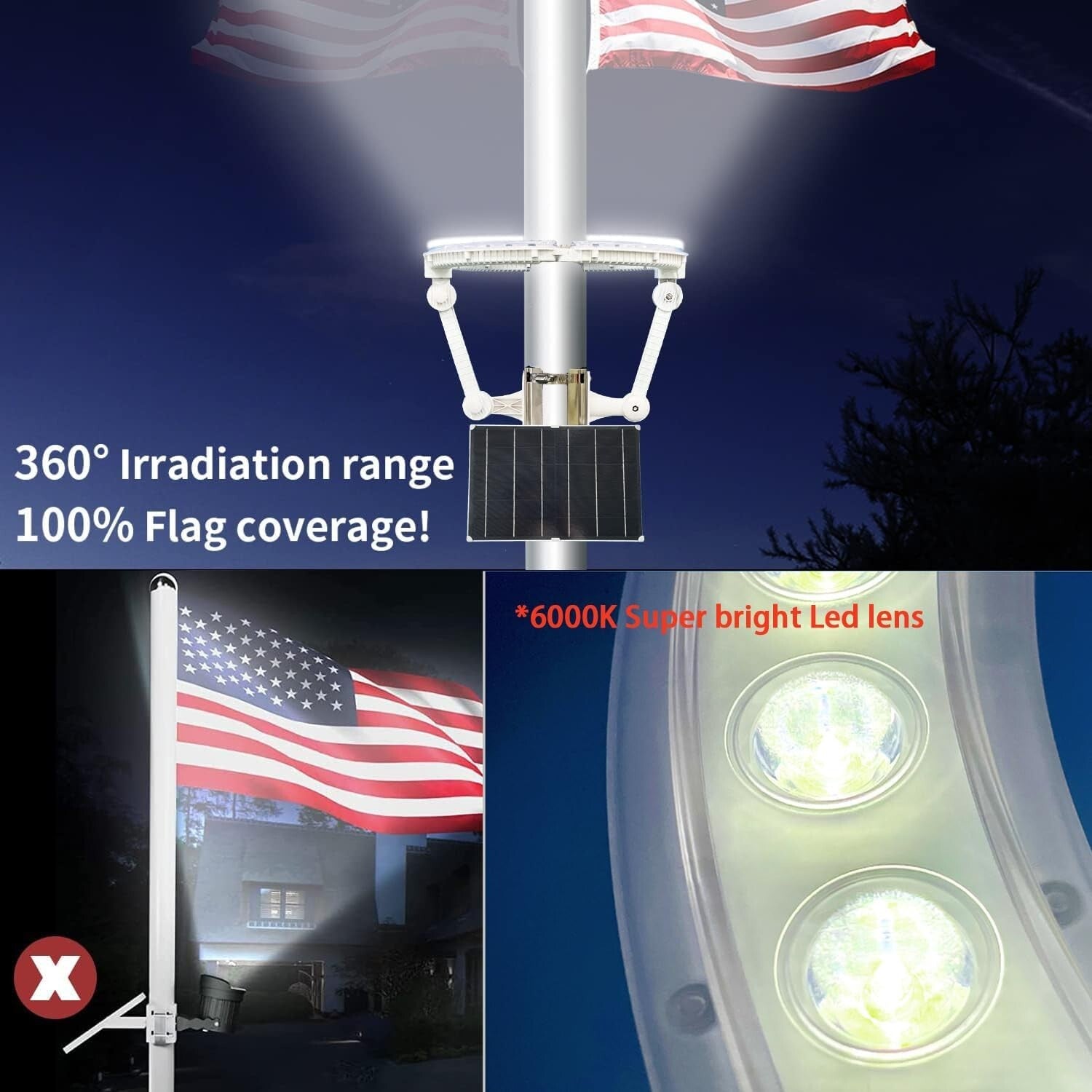 All-Weather 4640 Lumen Solar Flagpole Light with Automatic Dusk to Dawn Sensor