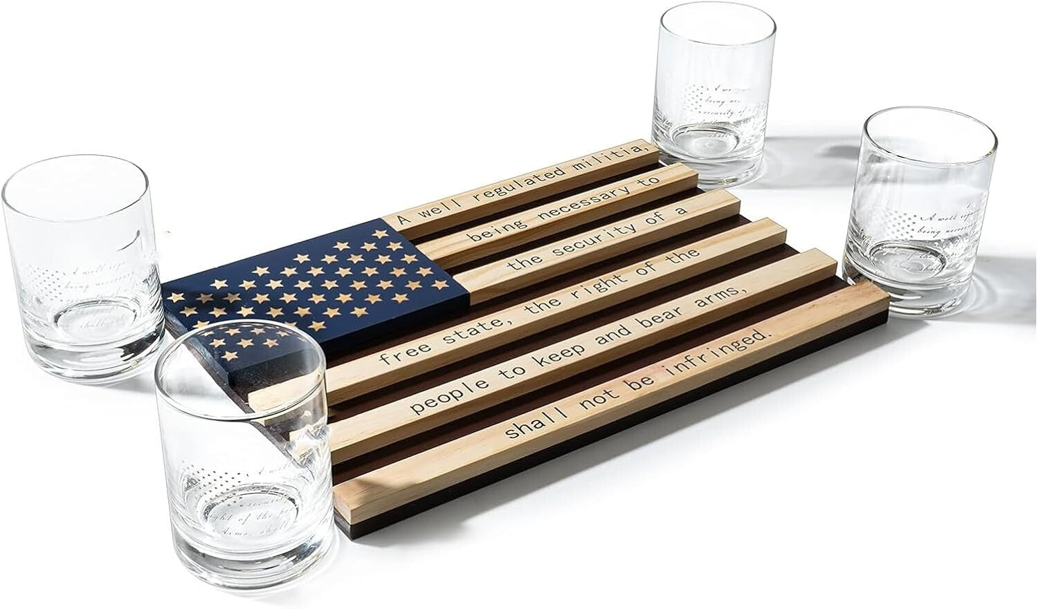 Patriotic Whiskey Rocks Glasses Set with Elegant Wood Tray - 2nd Amendment Gift