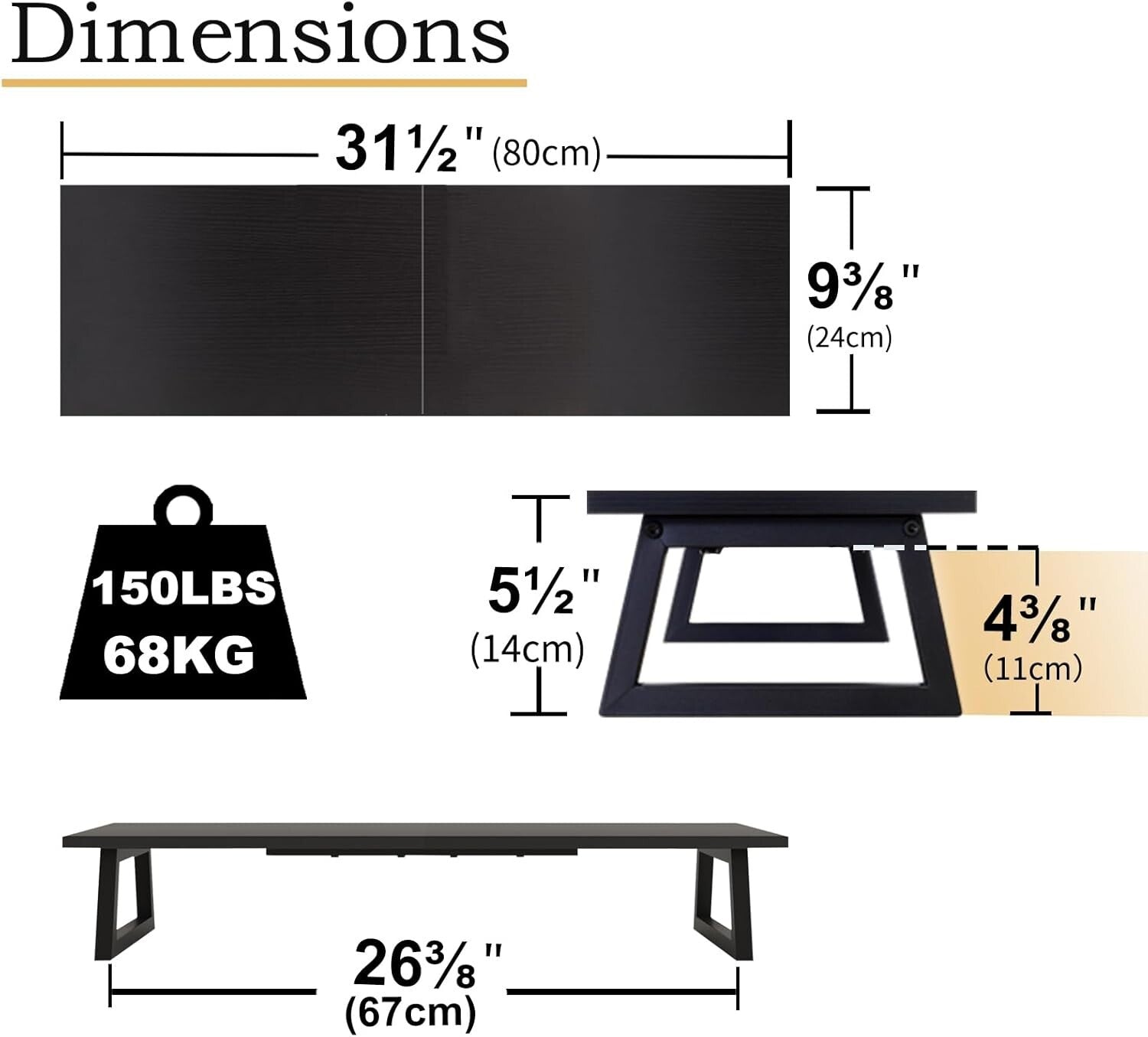 Ergonomic Black Wood and Steel Monitor Stand - Easy Assemble & 150 lbs Capacity