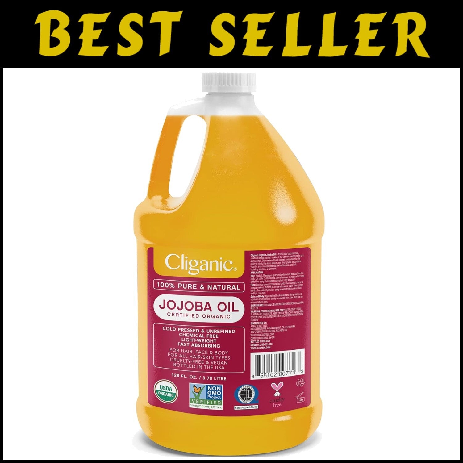 100% Pure Organic Jojoba Oil - 128oz Gallon Size, Non-GMO, Vegan & Cruelty-Free