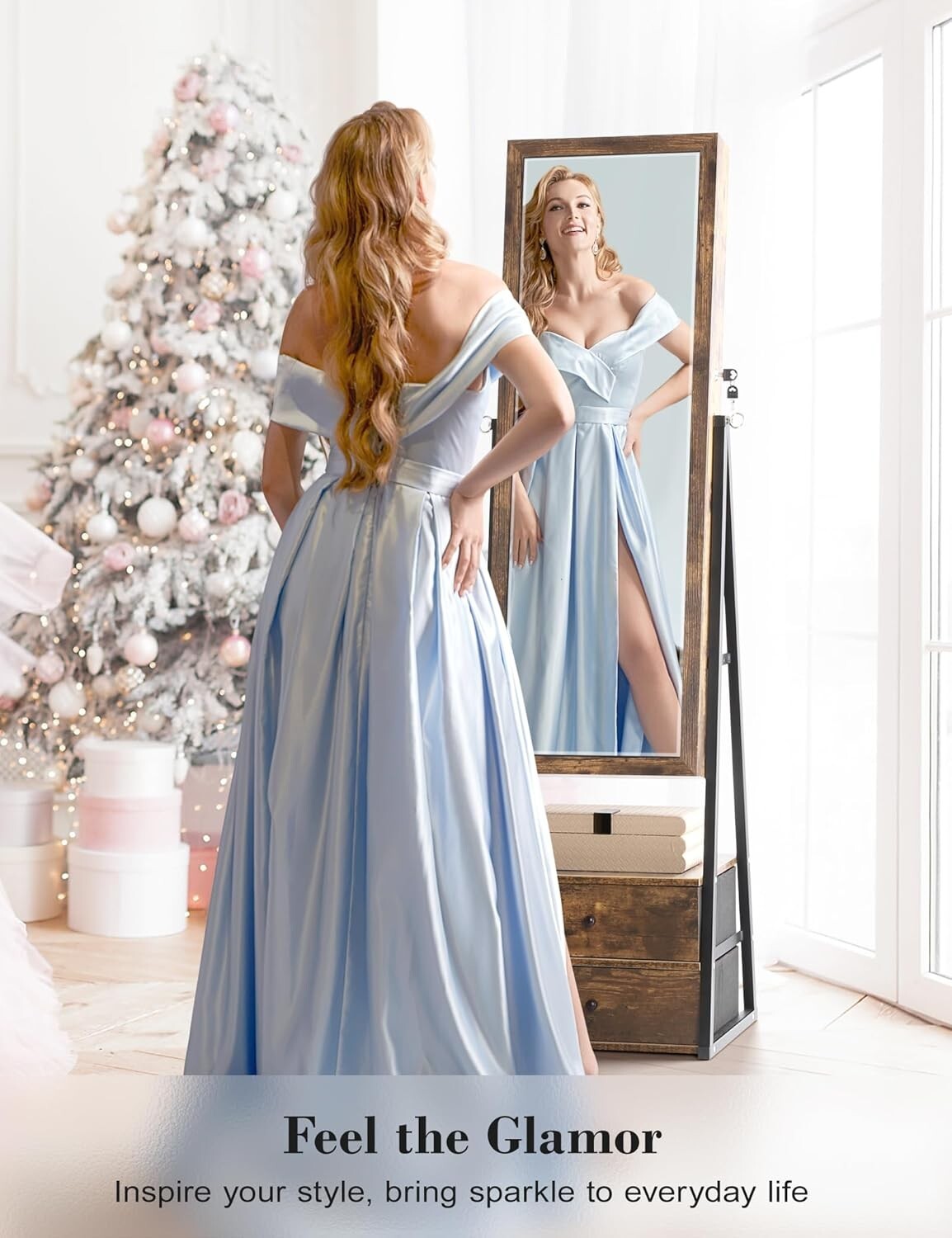 Full-Length Mirror Jewelry Cabinet with Velvet Compartments & 2 Drawers