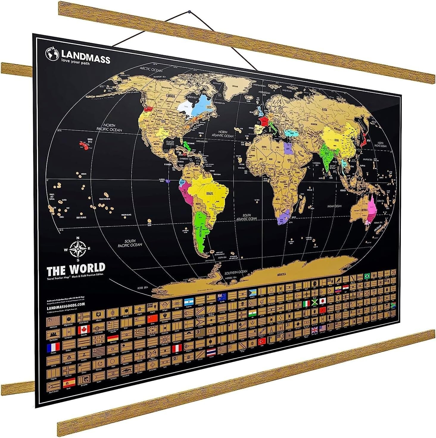 Large Matte Black Scratchable World Map with Flags and Wood Frame - Travel Decor
