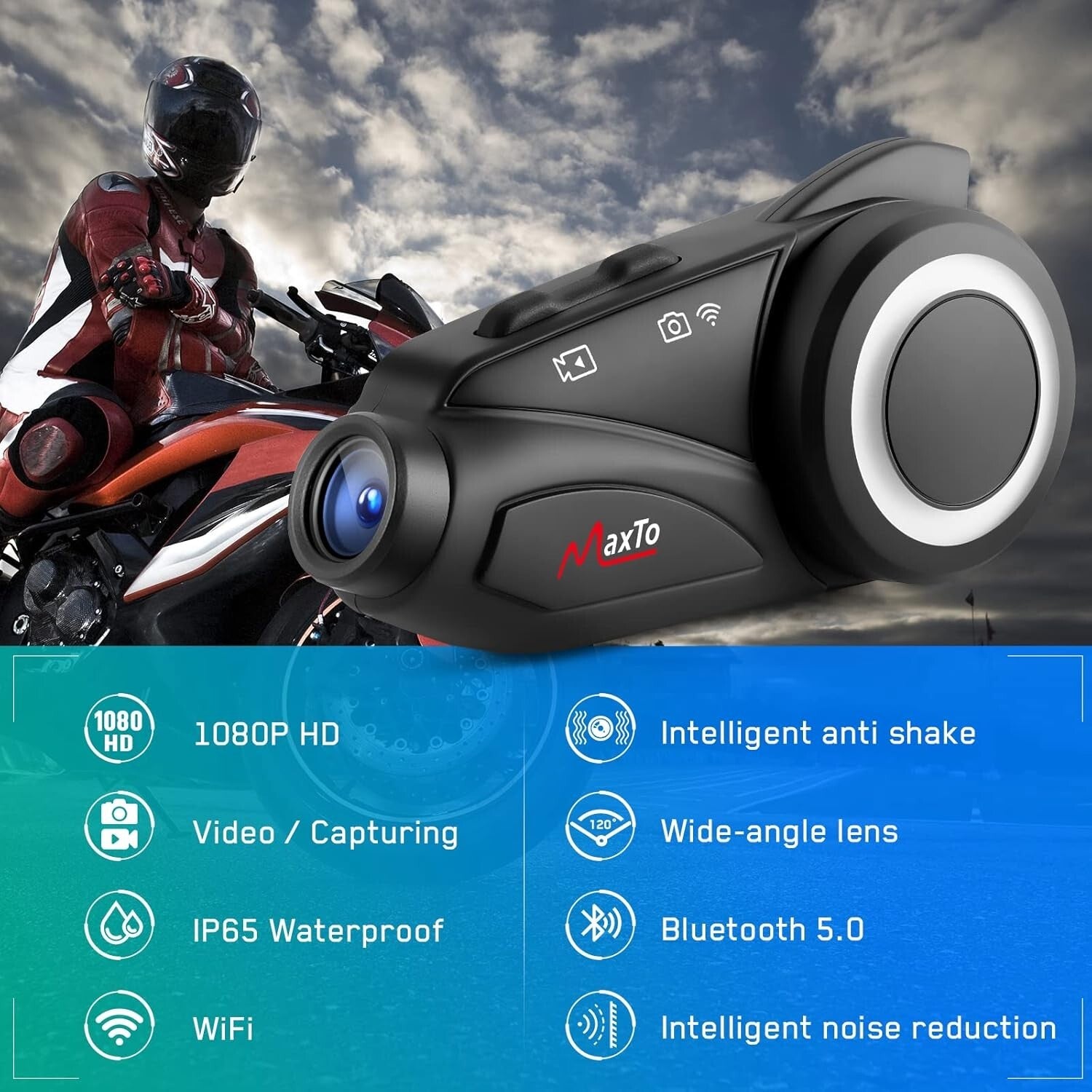 Motorcycle Communication System with 1080P Camera & Voice Assistant Features