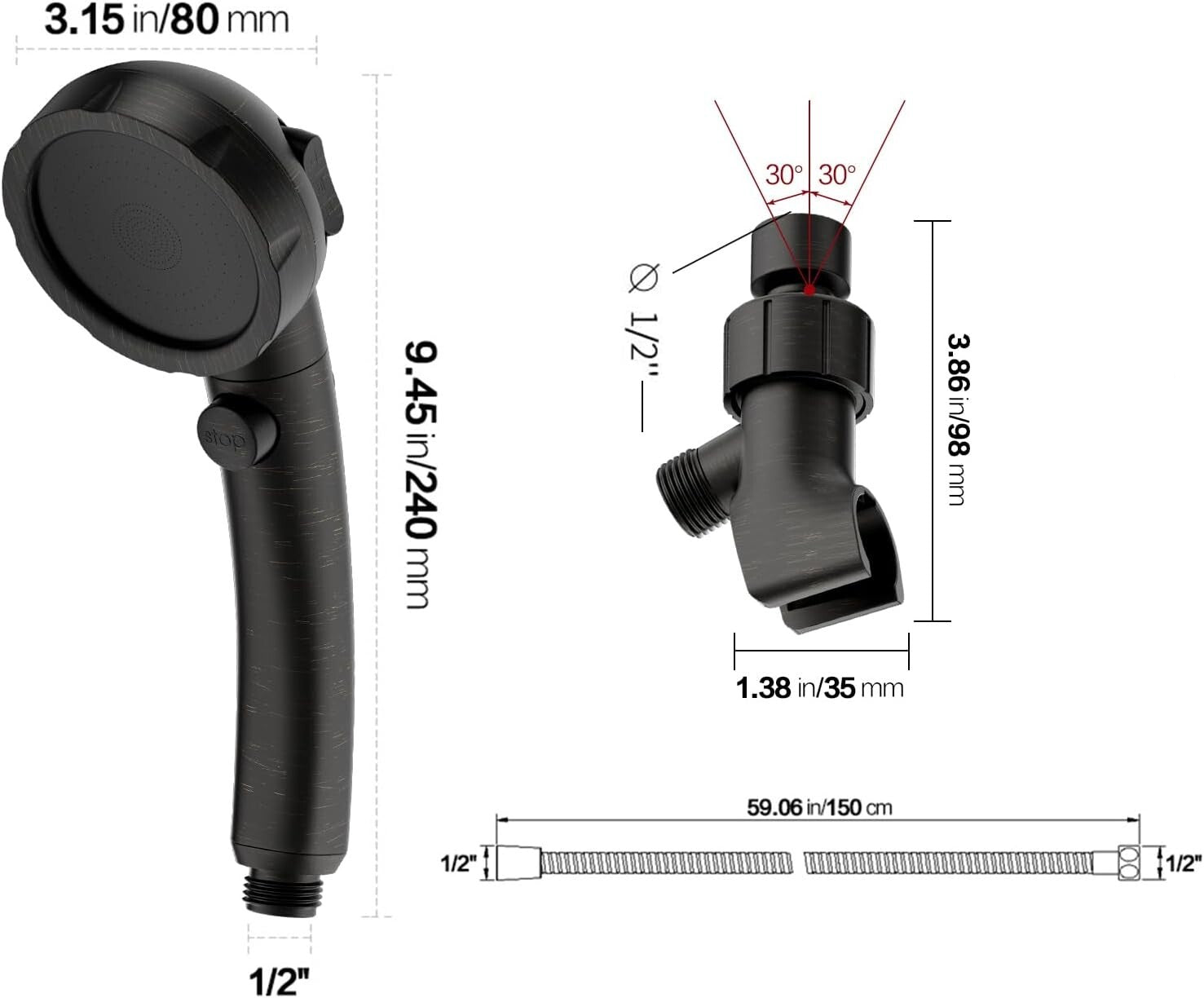 3-Mode Handheld Shower Head with Adjustable Bracket in Oil-Rubbed Bronze Finish