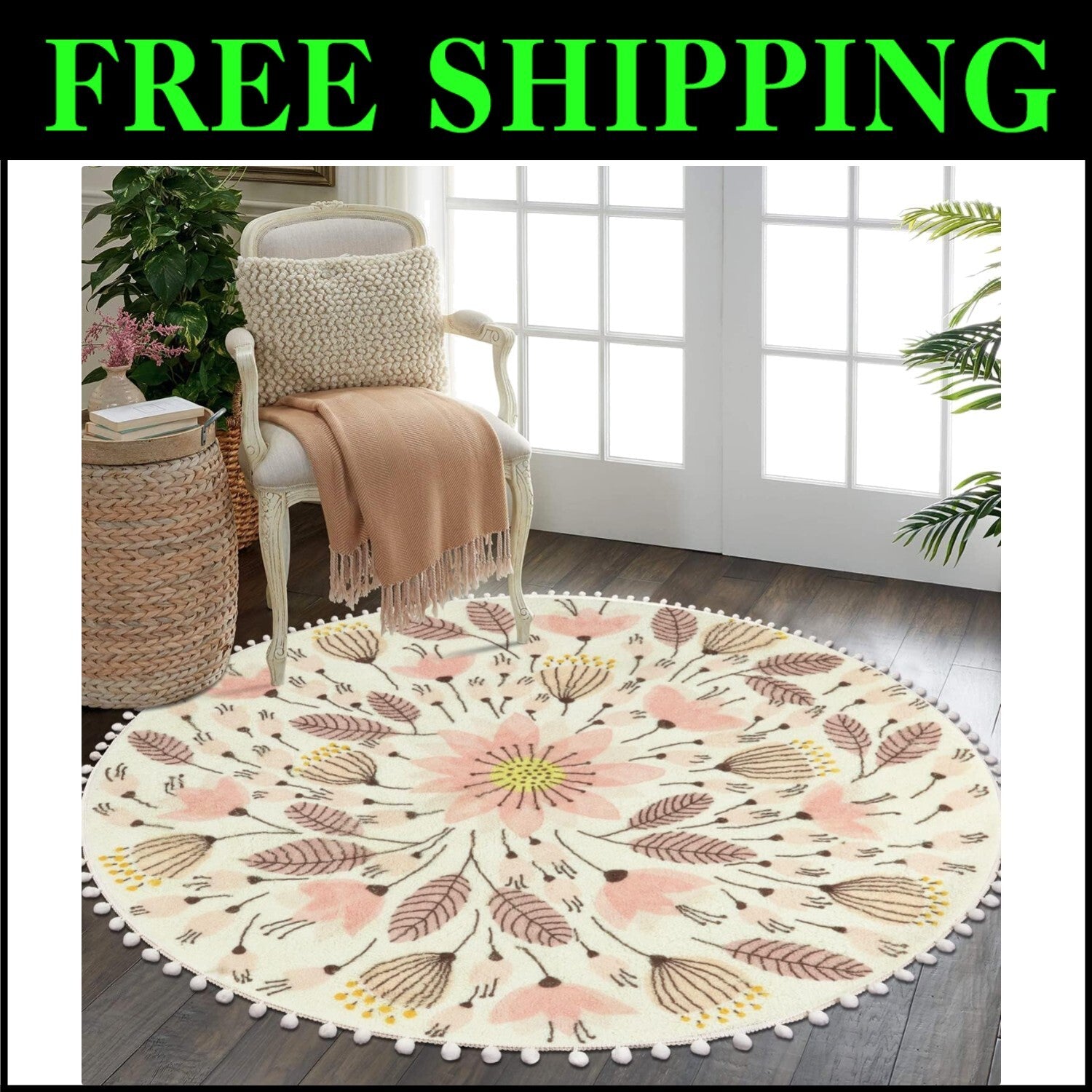 Charming 5.3' Circle Pom Pom Rug - Cozy Non-Slip Floor Mat for Nursery & More