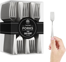 Load image into Gallery viewer, Bulk Pack of 500 Mini Disposable Silver Forks - Elegant 4-inch Dessert Utensils