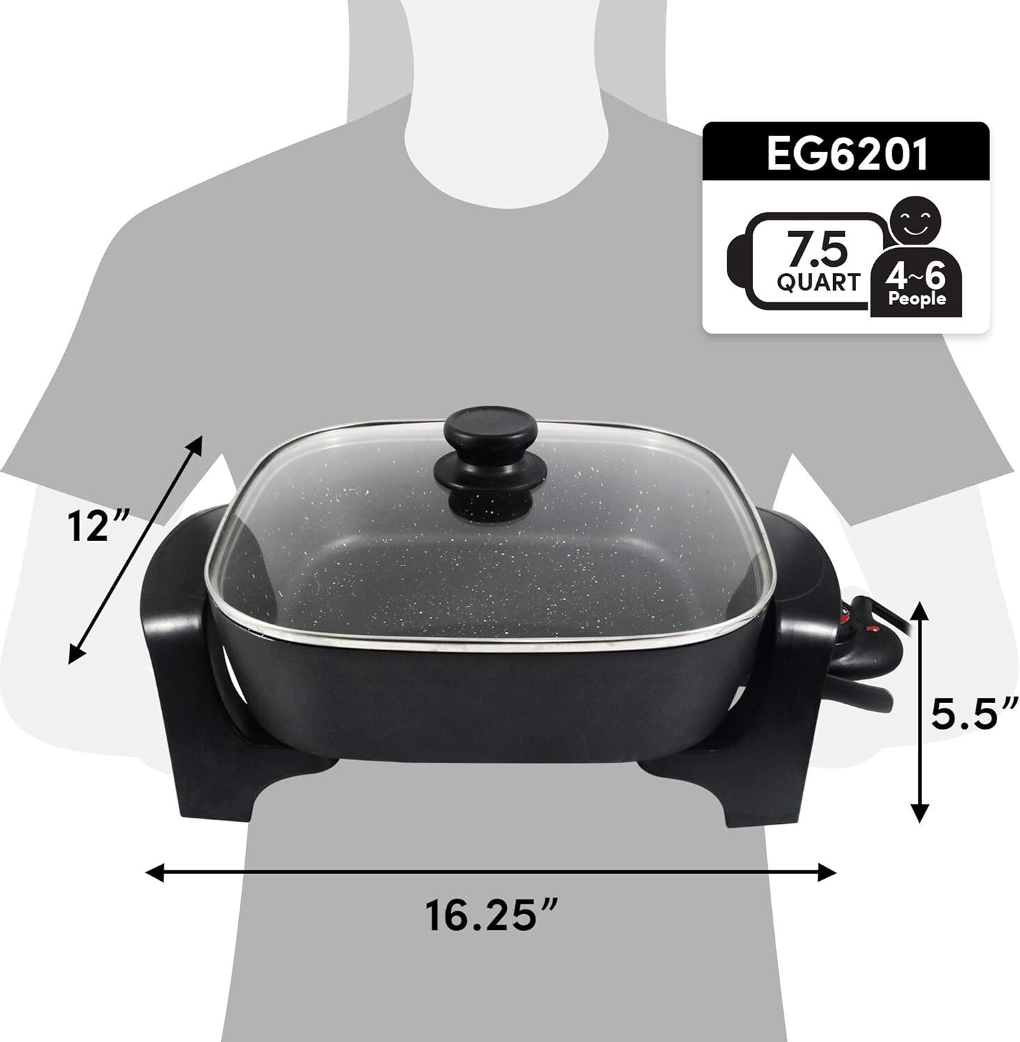 7.5Qt Electric Skillet - Adjustable Temp Control, Scratch-Resistant Black Finish