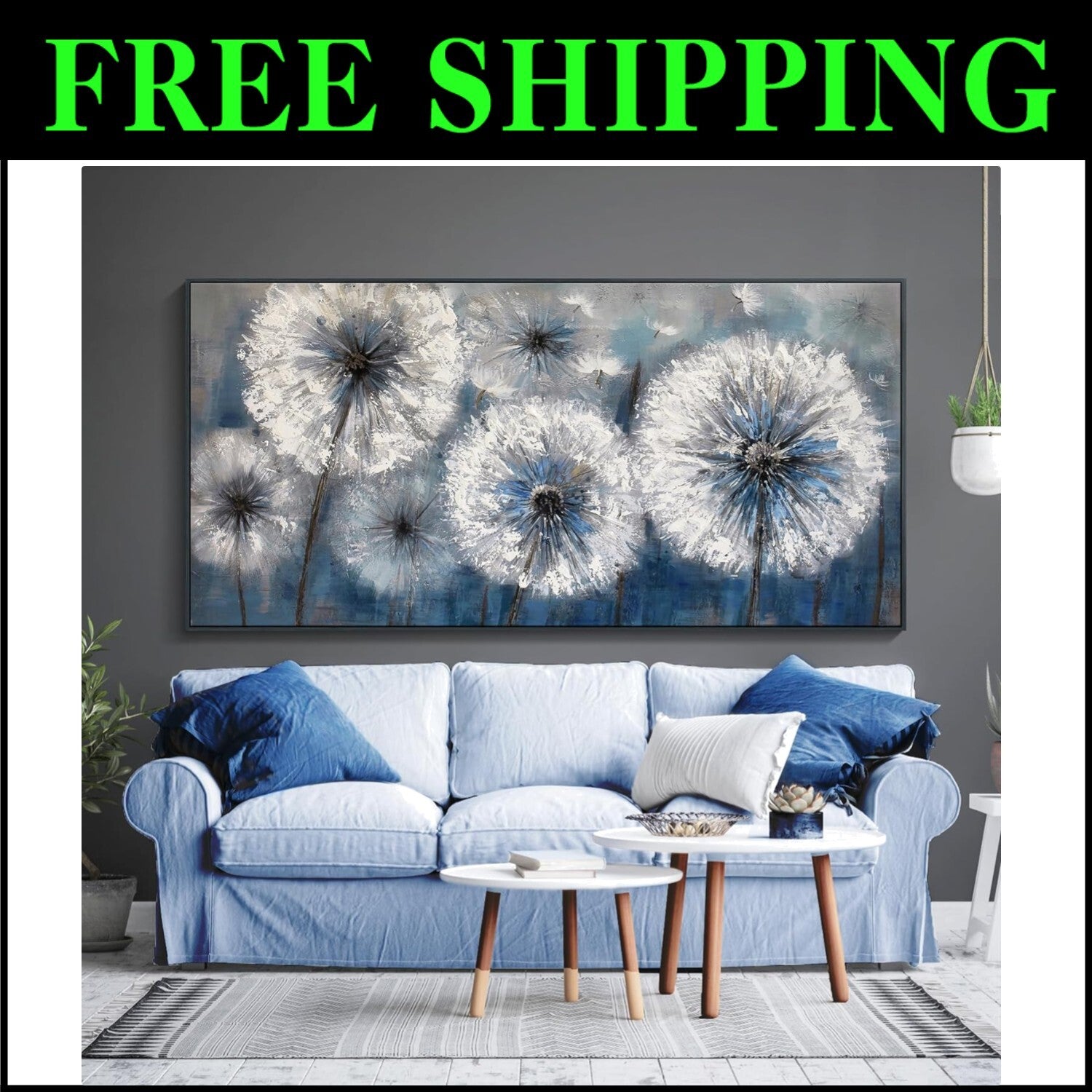 Dandelion Wall Art - Blue Canvas Painting, Framed Elegance for Living Spaces