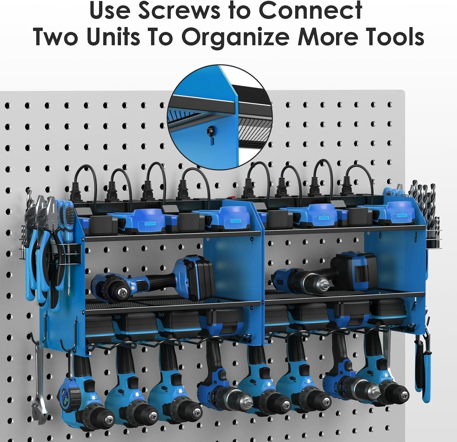 Efficient Garage Tool Organizer with Charging Station & Durable Metal Finish