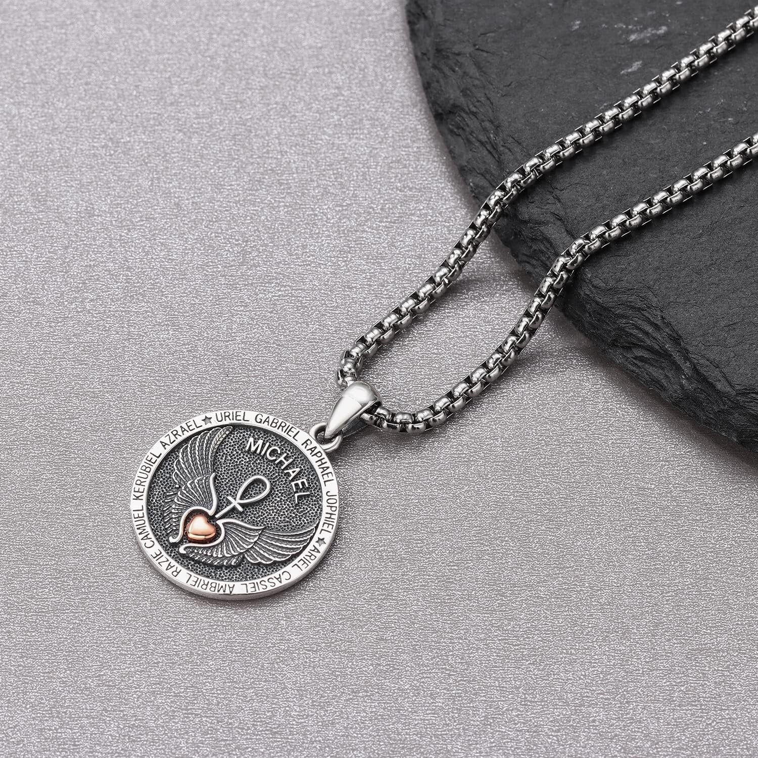 Saint Michael Engraved Silver Pendant Necklace for Protection - Adjustable Chain