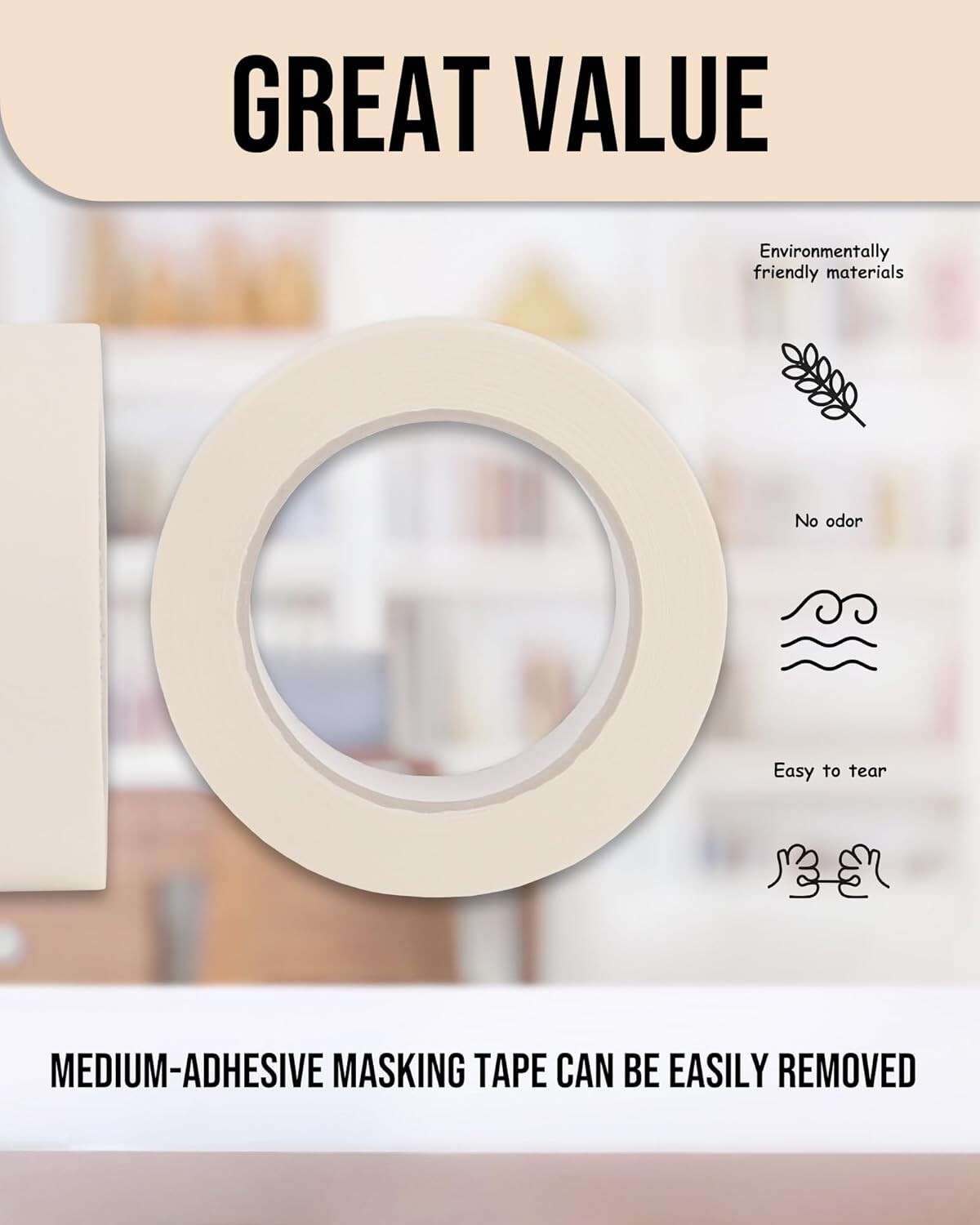 Durable 1 Inch Beige Masking Tape - 24 Rolls of 55 Yards Each for Versatile Use