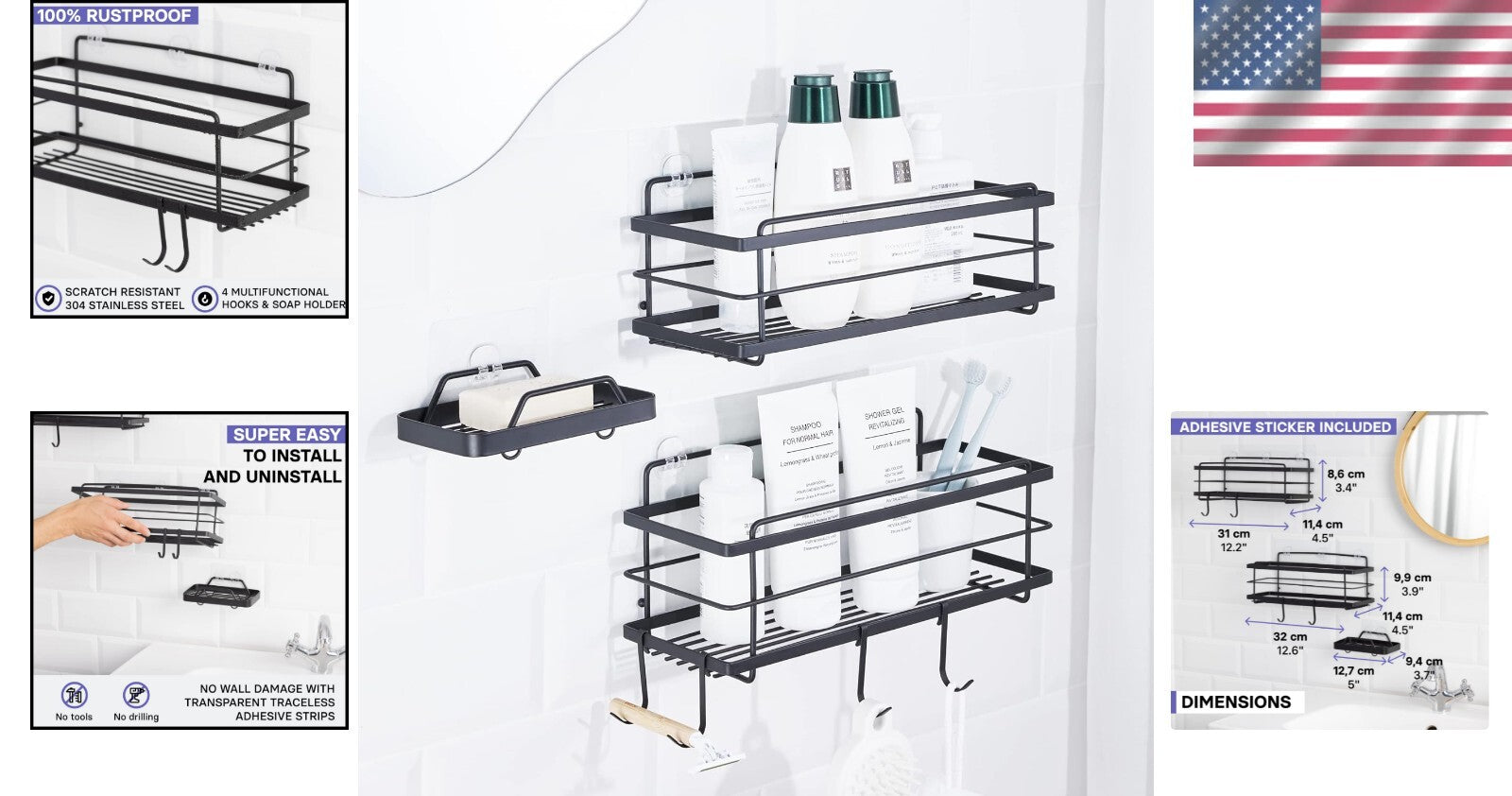 Durable No Drill Adhesive Shower Organizer with Soap Holder - 15lbs Capacity