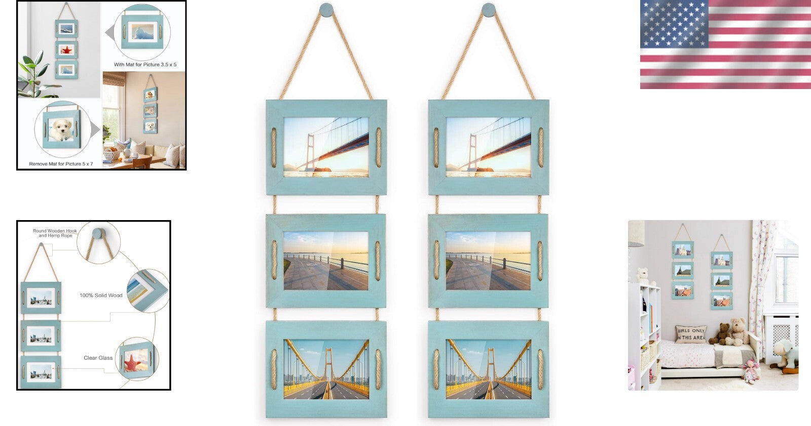 Creative 5x7 Collage Wall Decor - Rustic Ocean Blue Frames with 3.5x5 Options