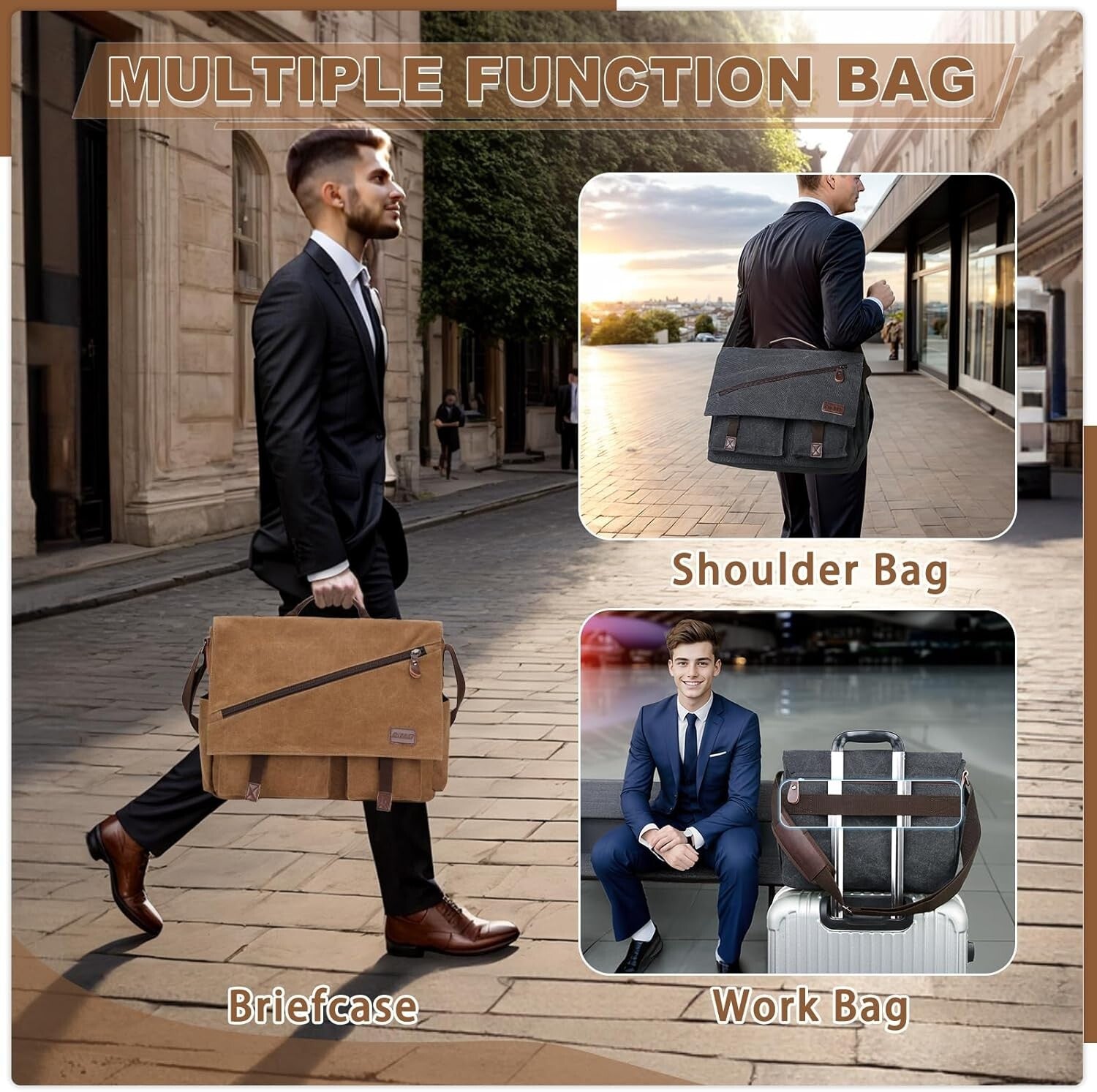 Elegant Cotton Canvas Messenger Bag with 14 Pockets - Ideal for Work & Travel