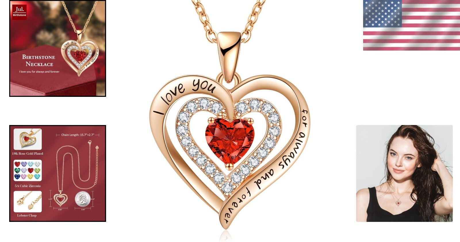 18k Rose Gold Birthstone Heart Necklace with Cubic Zirconia - Women’s Jewelry