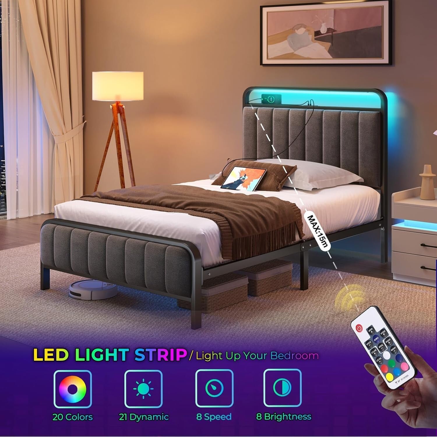 Durable Twin Metal Bed Frame with RGB Lights & Noise-Free Assembly - Dark Gray