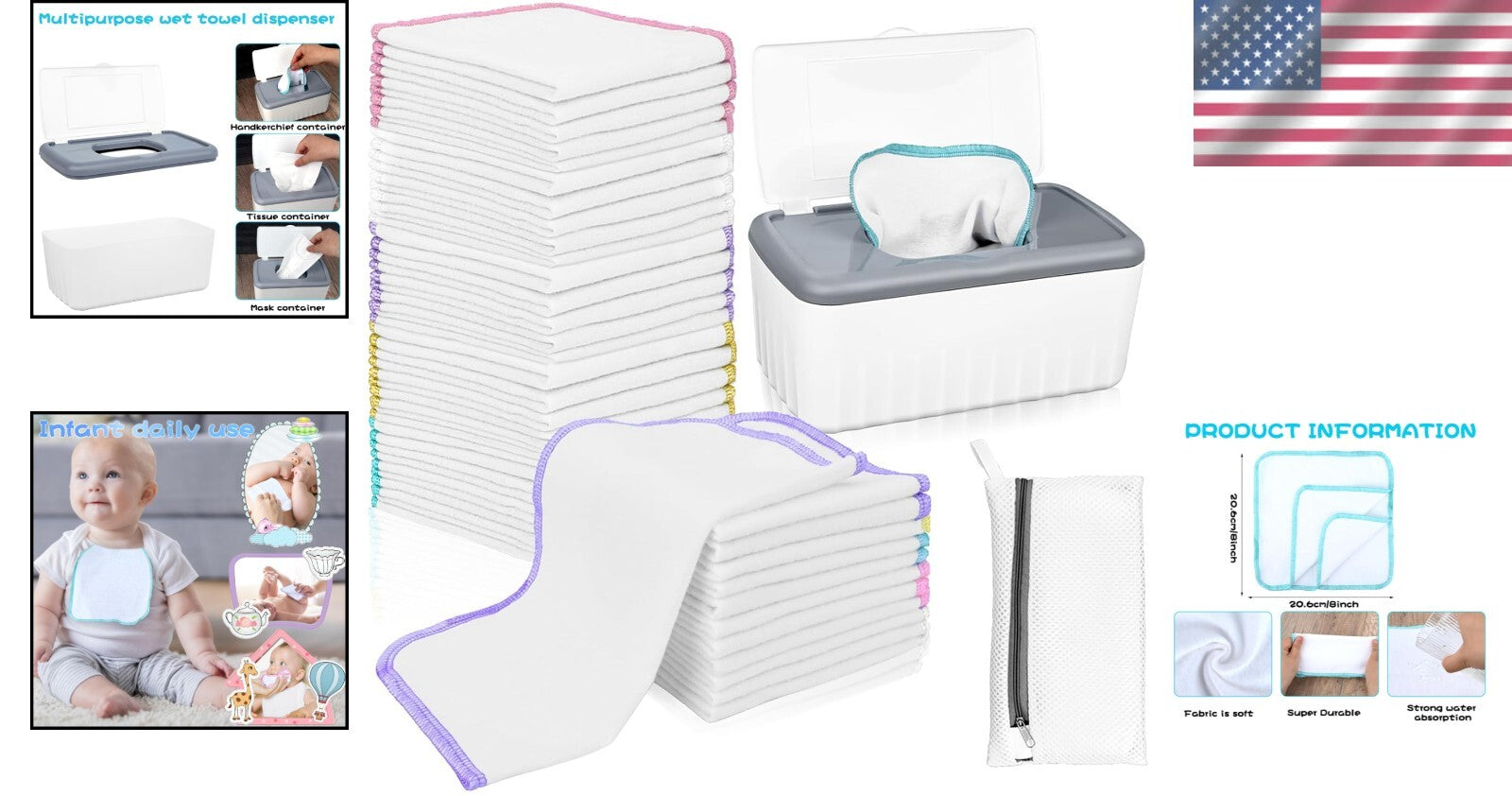 Wipe Essentials: 100-Count Flannel Baby Wipes with Dispenser - Machine Washable