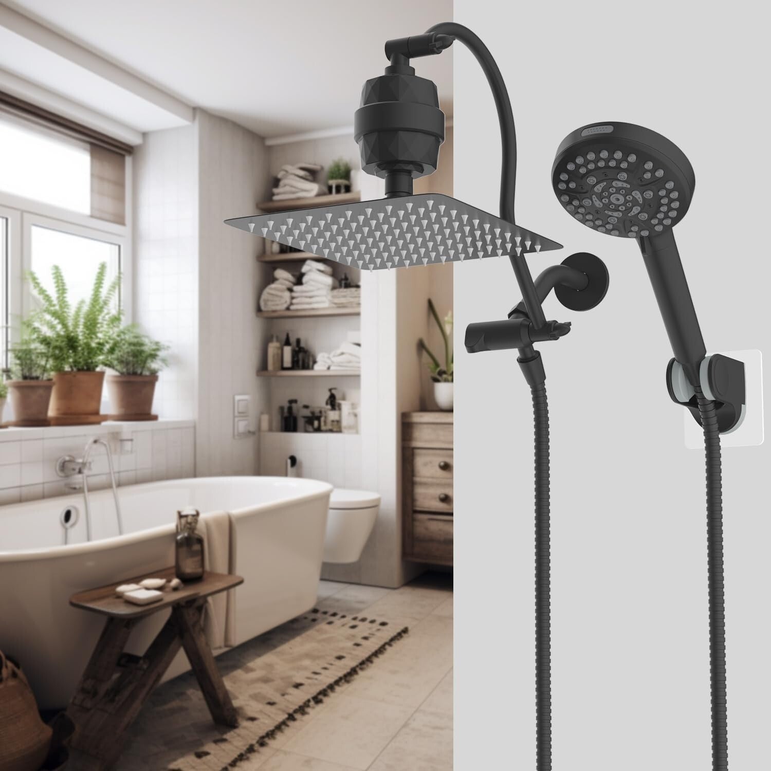 High Pressure 10-Spray Matte Black Shower Head with Adjustable Extension Arm