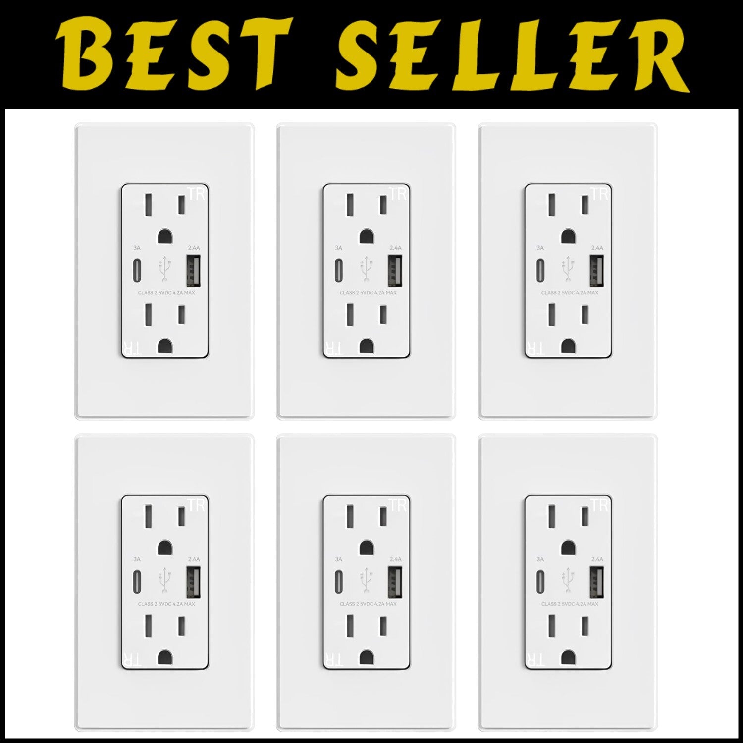 Tamper Resistant USB Outlets with Dual Ports - Easy Install 6 Pack, Matte White