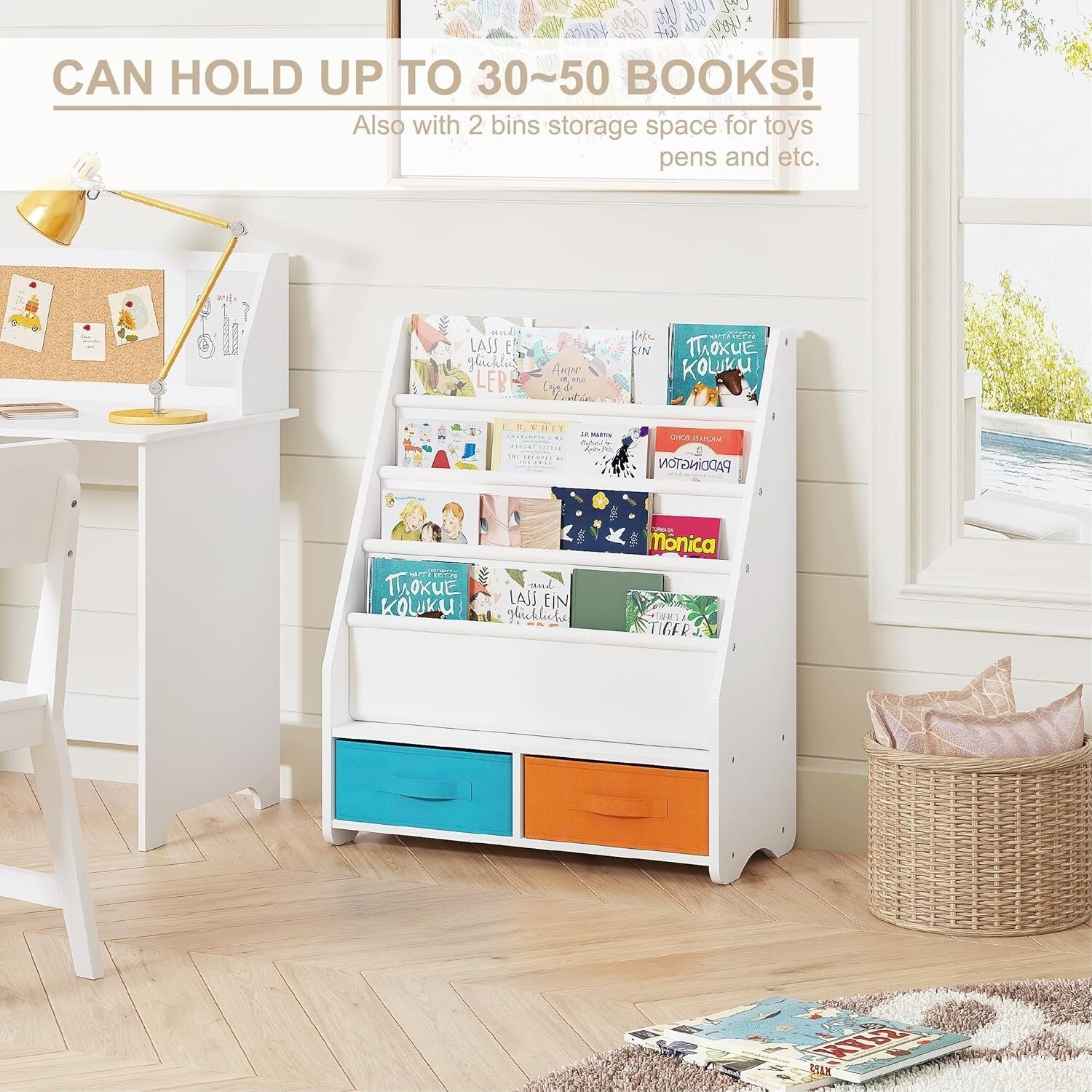 Montessori-Style Kids Bookshelf with 2 Removable Bins for Easy Accessibility