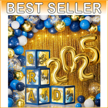 Load image into Gallery viewer, Blue Gold Graduation Party Essentials - 86 PCS LED Lights, Balloons &amp; Backdrop
