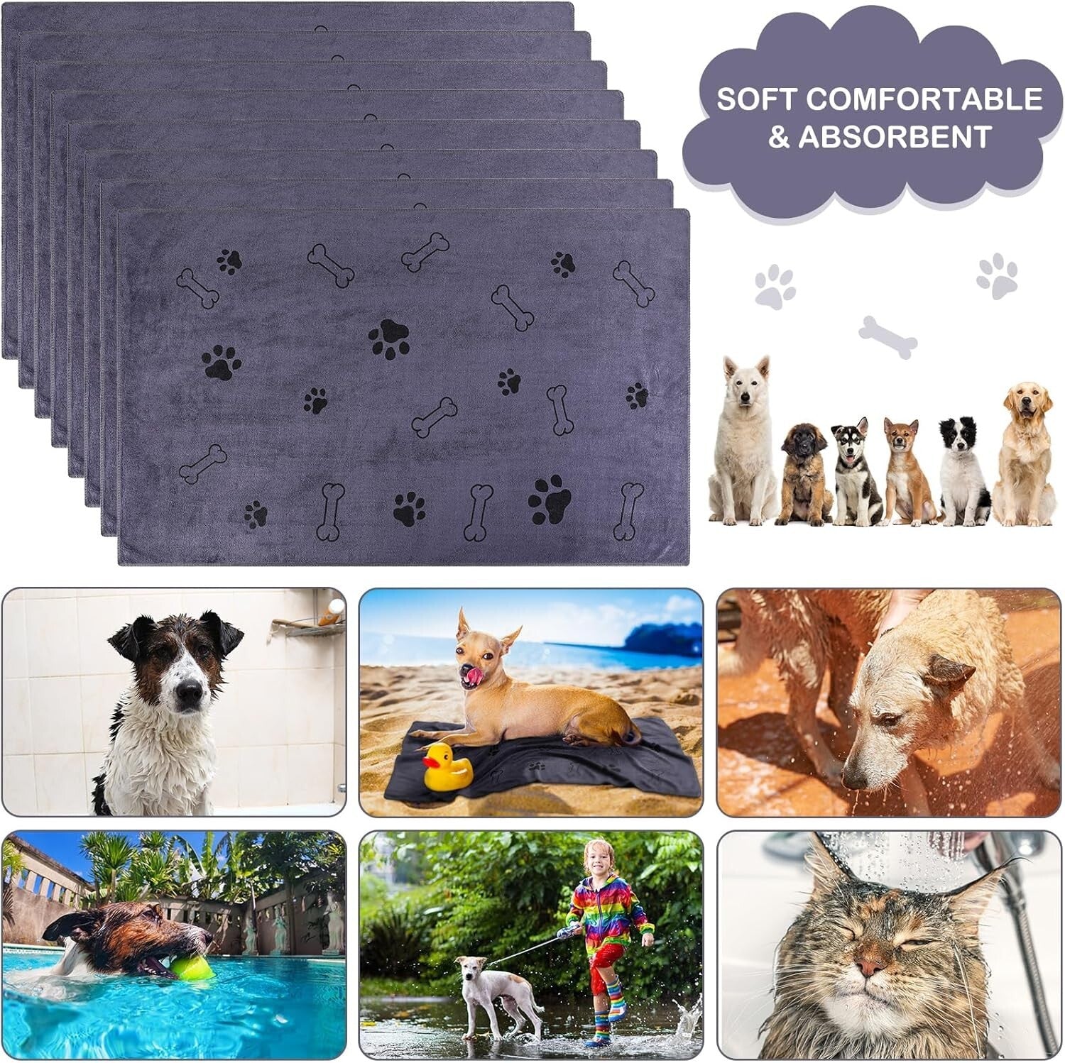 Soft & Quick-Drying Pet Towels - 8 Pack Microfiber Towels for Dogs, 55 x 28 Inch