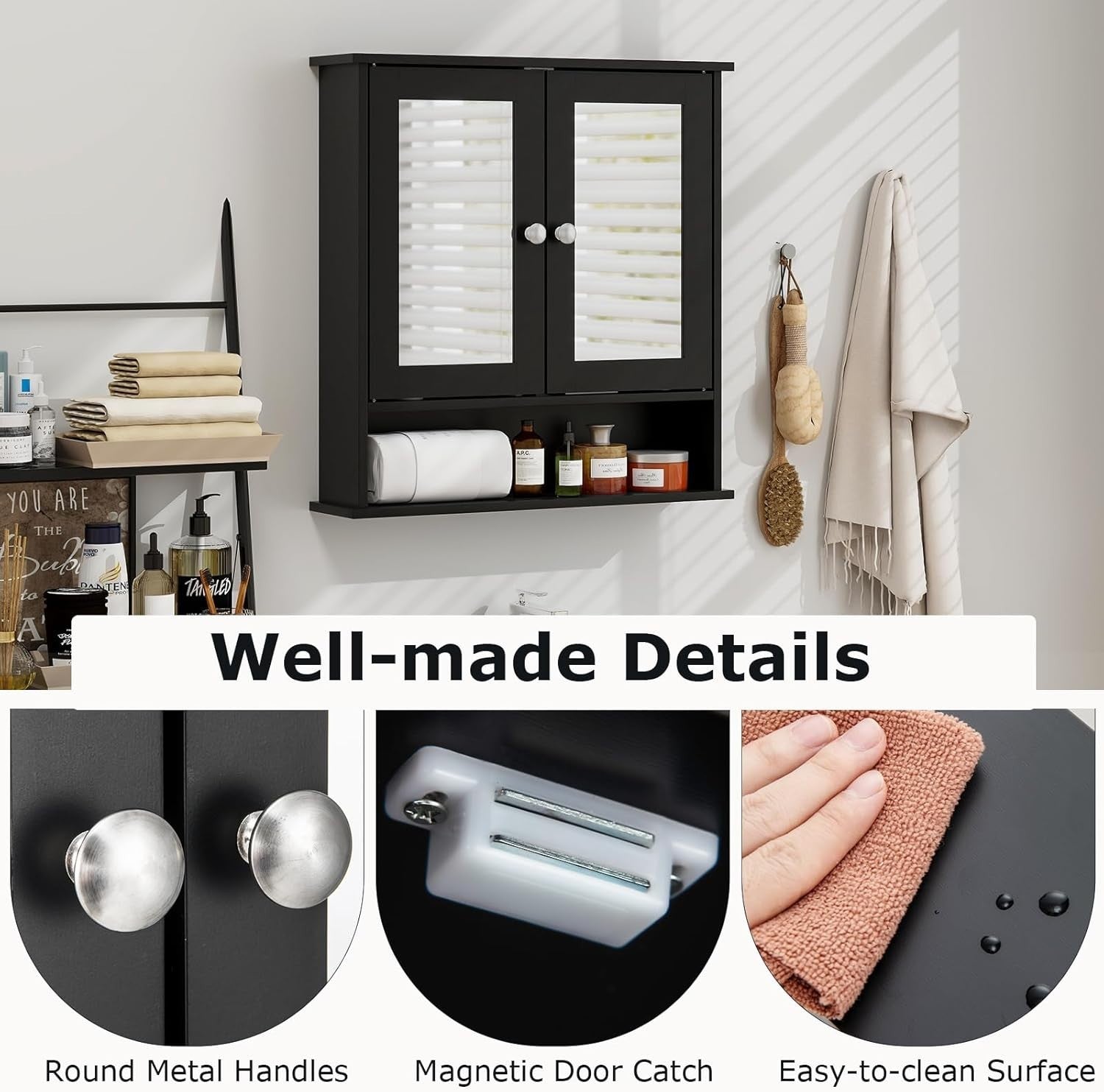 Black Wooden Bathroom Organizer with Double Mirror Doors - Space-Saving Design