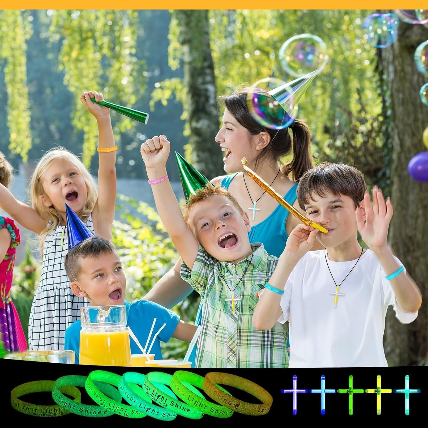 Bulk 200 Pcs Glow Bracelets and Cross Necklaces - Faithful Party Favors for Kids