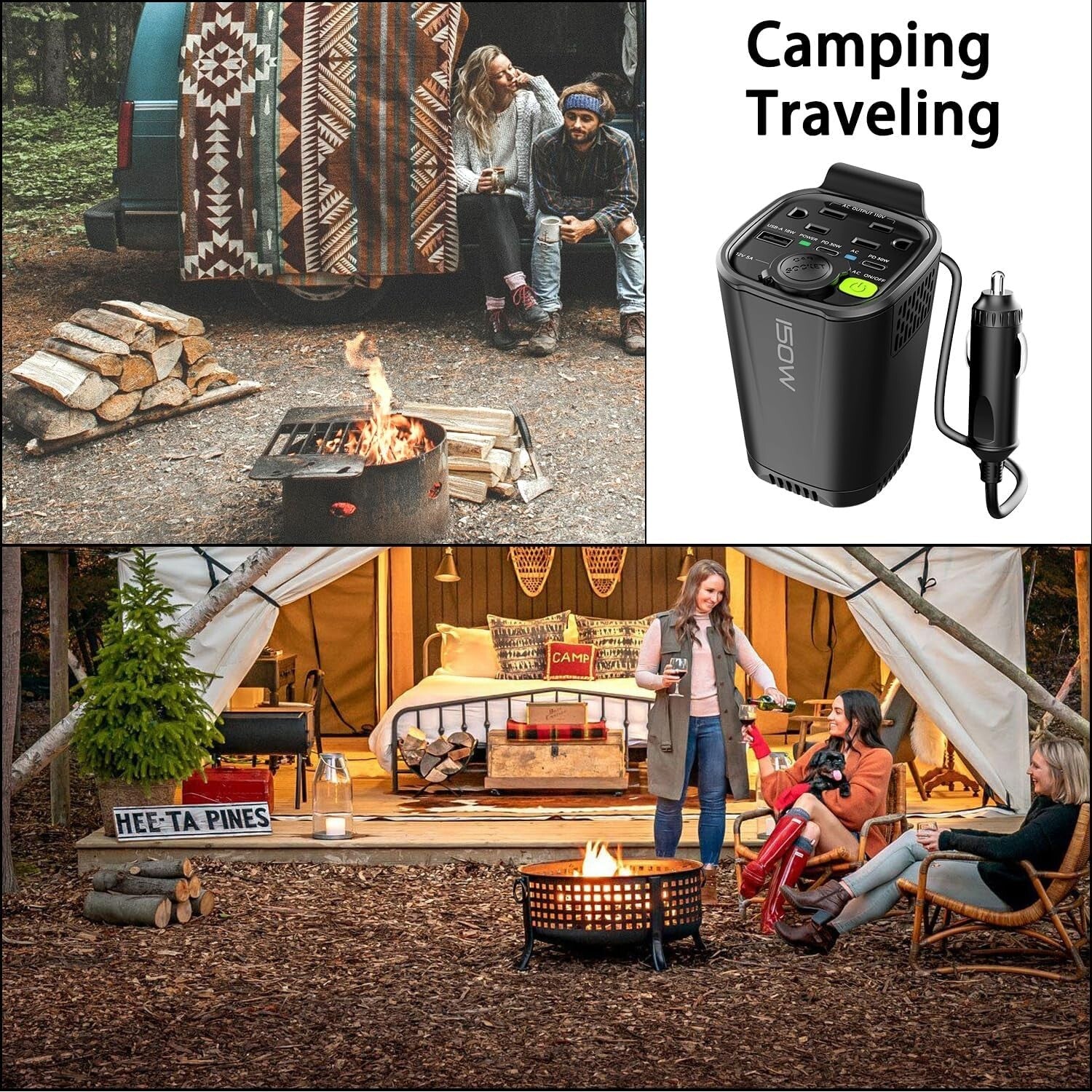 150W Car Power Inverter with Dual AC Outlets and USB Ports - Cup Holder Design