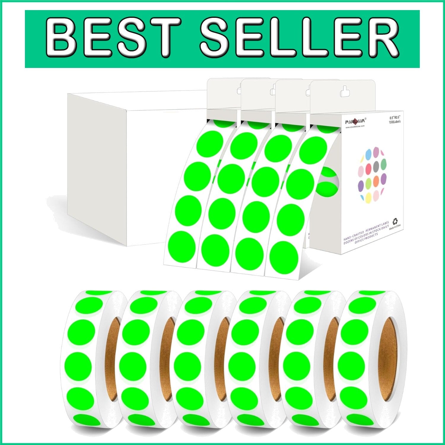 Bulk Pack of 10 Rolls Fluorescent Green 1/2 Inch Permanent Adhesive Dot Stickers