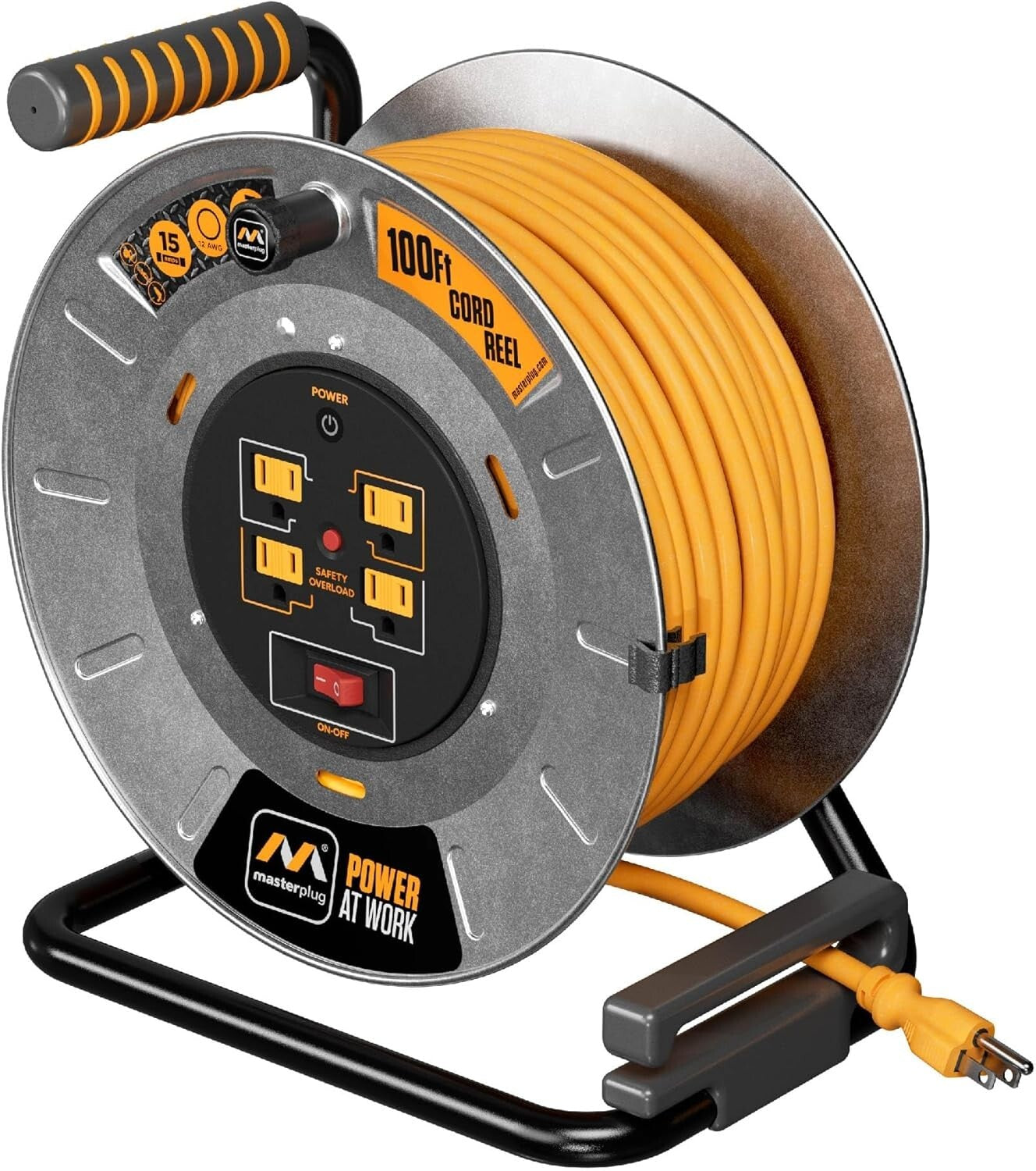100ft Metal Cord Reel with 4 Outlets & Overload Protection - Safe Power Solution