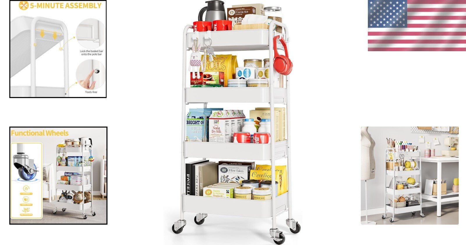 Sturdy 4-Tier Rolling Cart with Wheels - Ideal Baby, Craft, and Kitchen Storage