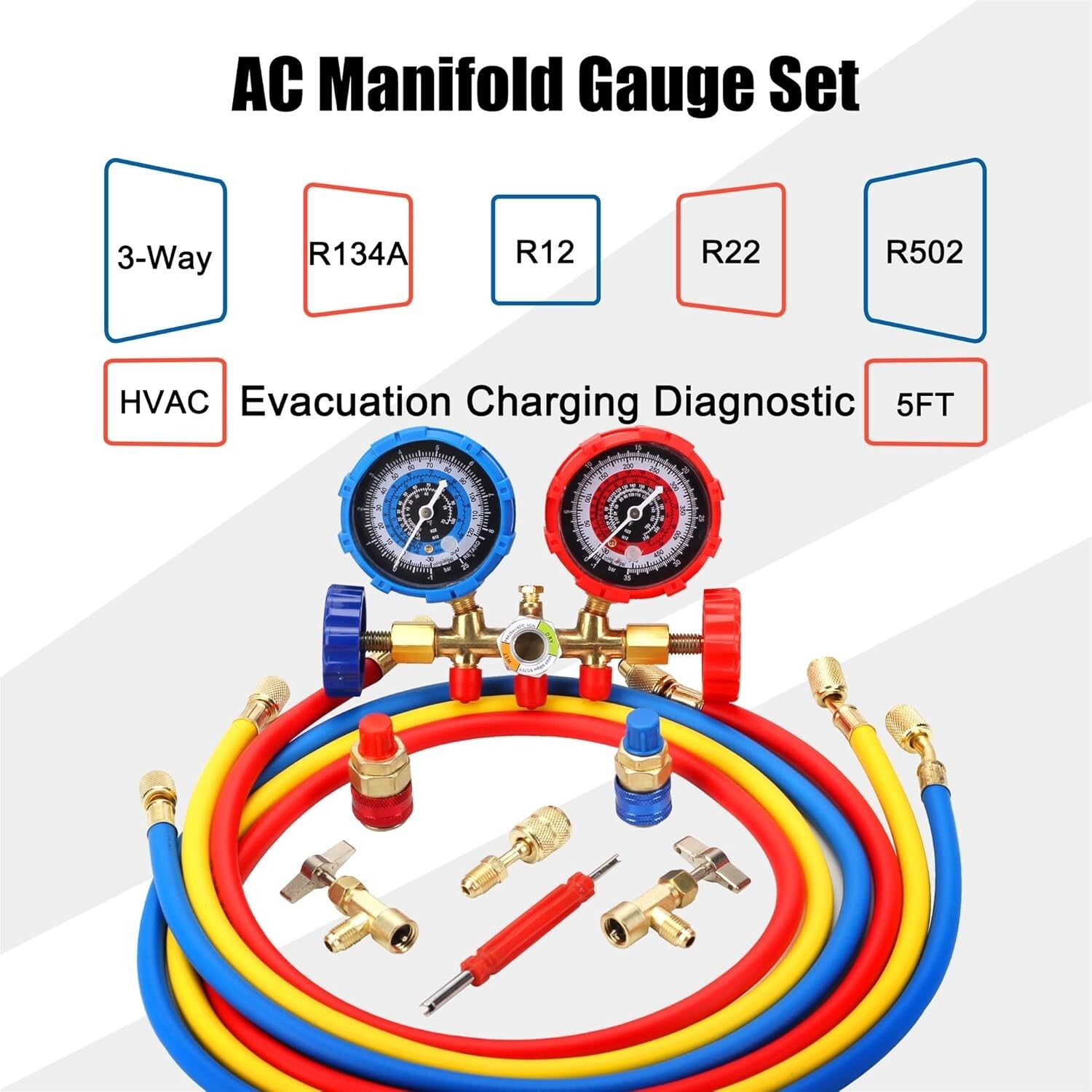 A/C Manifold Gauge Set with Durable Hoses - Ideal for Automotive Refrigerants