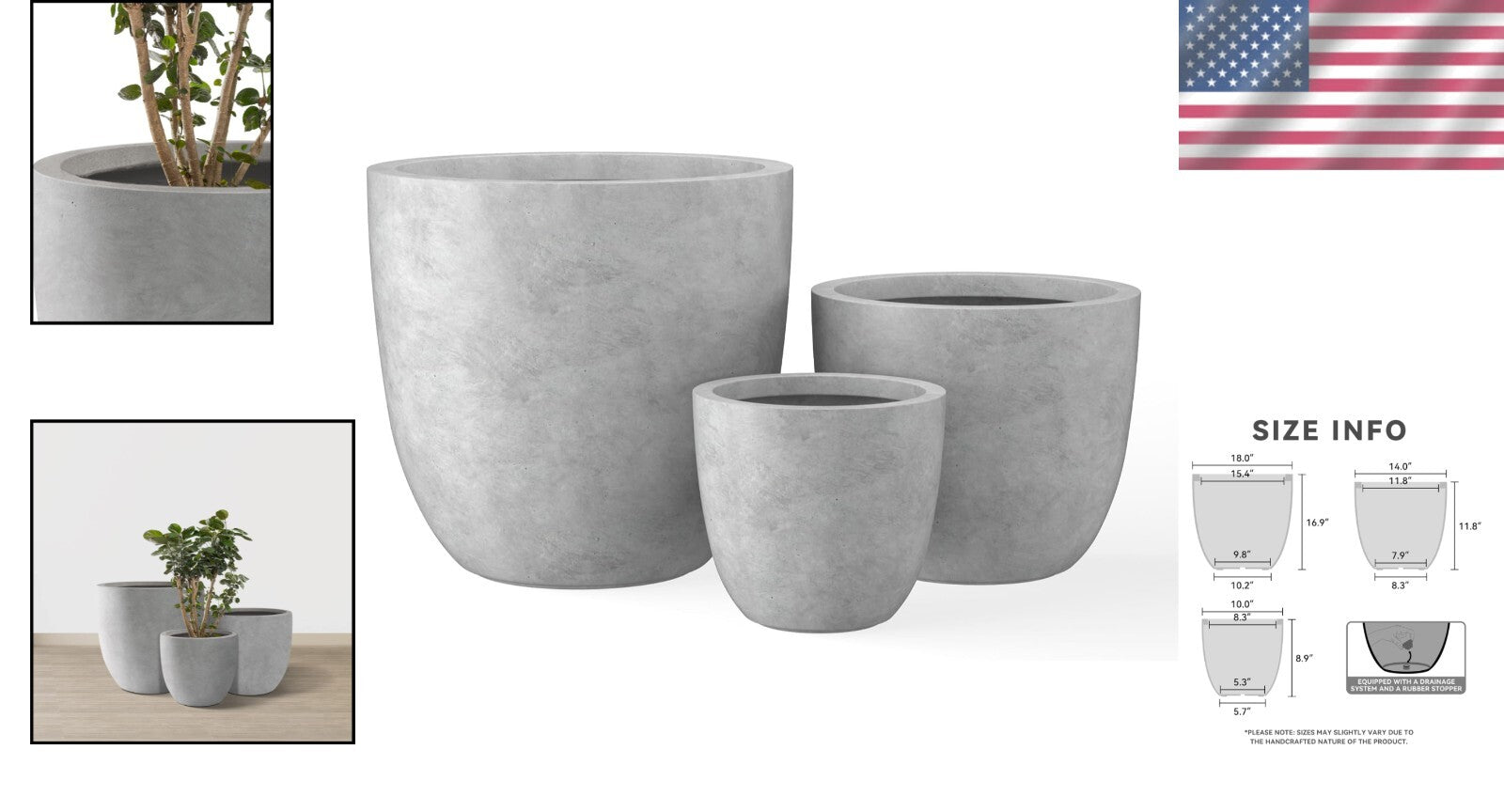 Elegant 18", 14", 10" Round Concrete Planters with Drainage for Home & Patio